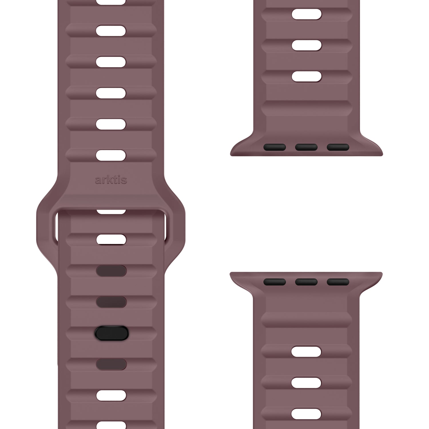 Das arktisband Apple Watch Silikonarmband "Active" in Mauve verfügt über strukturierte horizontale Rillen, Einstelllöcher und Anschlüsse für eine einfache Befestigung. Sein atmungsaktives Design wird aus verschiedenen Blickwinkeln präsentiert.