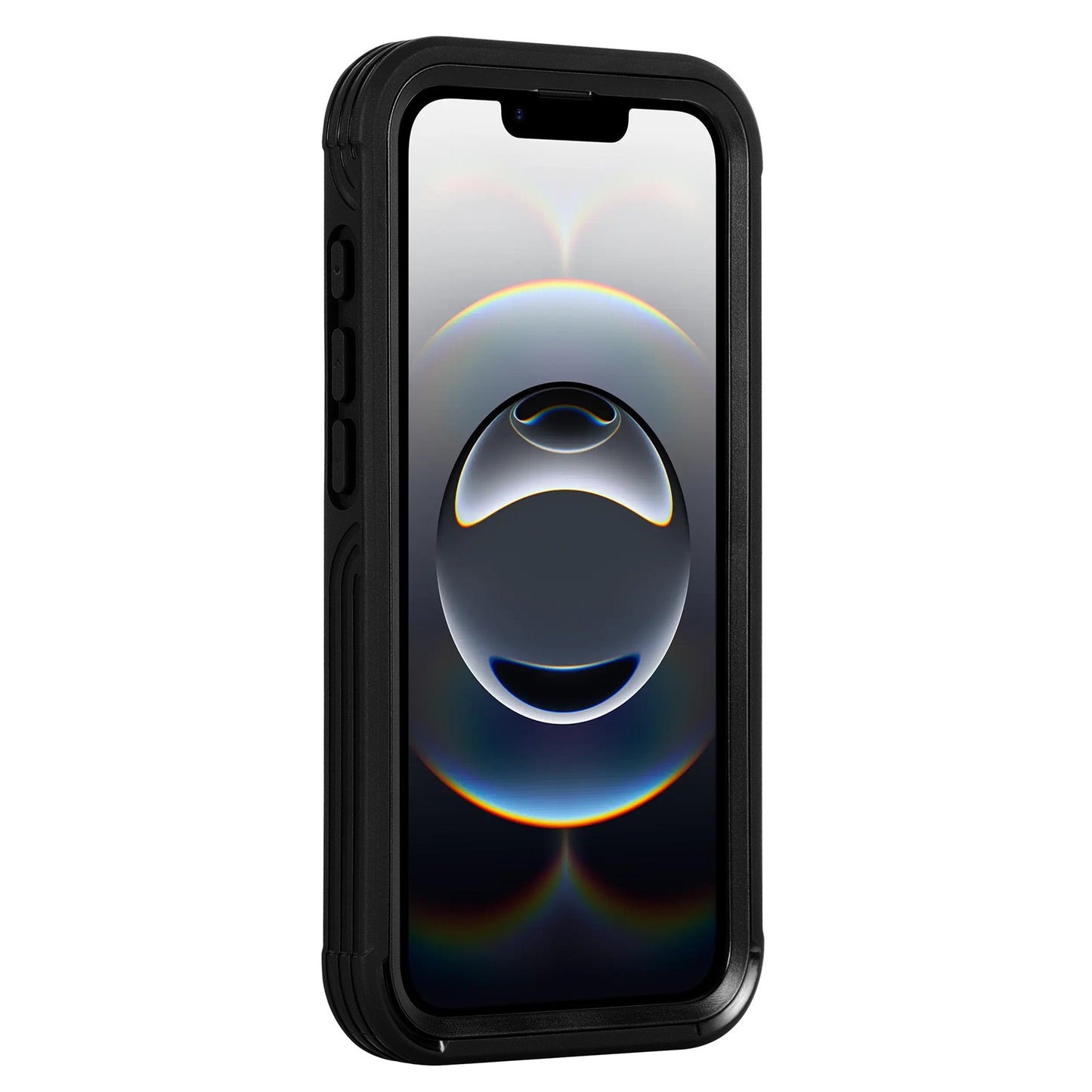 Das arktis iPhone 16e Defender Case in Schwarz bietet robusten 360-Grad-Schutz im Freien und verfügt über ein kreisförmiges abstraktes Hintergrundbild auf dem Bildschirm für mehr Stil und Sicherheit.