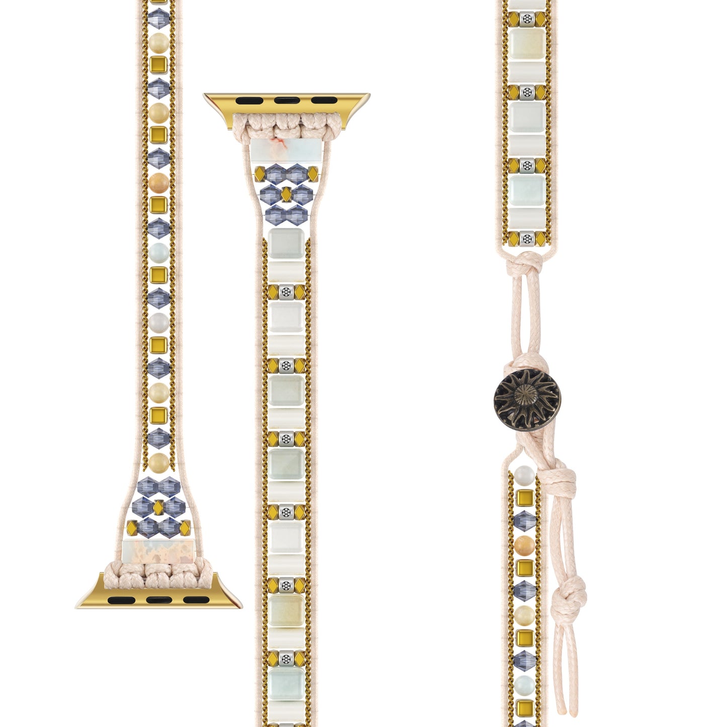 Das arktisband "Dream Catcher" Apple Watch Armband verfügt über cremefarbene Perlen und goldene Blumenakzente, einen verstellbaren Knotenverschluss und einen Edelstahladapter für einen stilvollen Boho-Look.