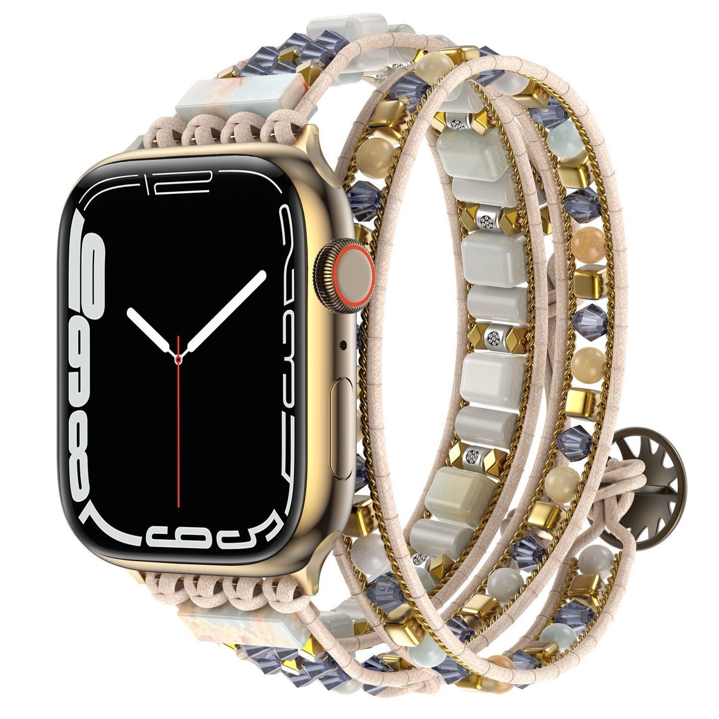 Das arktisband Apple Watch Armband "Dream Catcher" bietet eine goldene Smartwatch mit einem weißen, goldenen und grauen Perlen-Wickelarmband auf hellbraunem Leder für einen einzigartigen Boho-Stil. Kompatibel mit Apple Watch. Marke: arktisband.