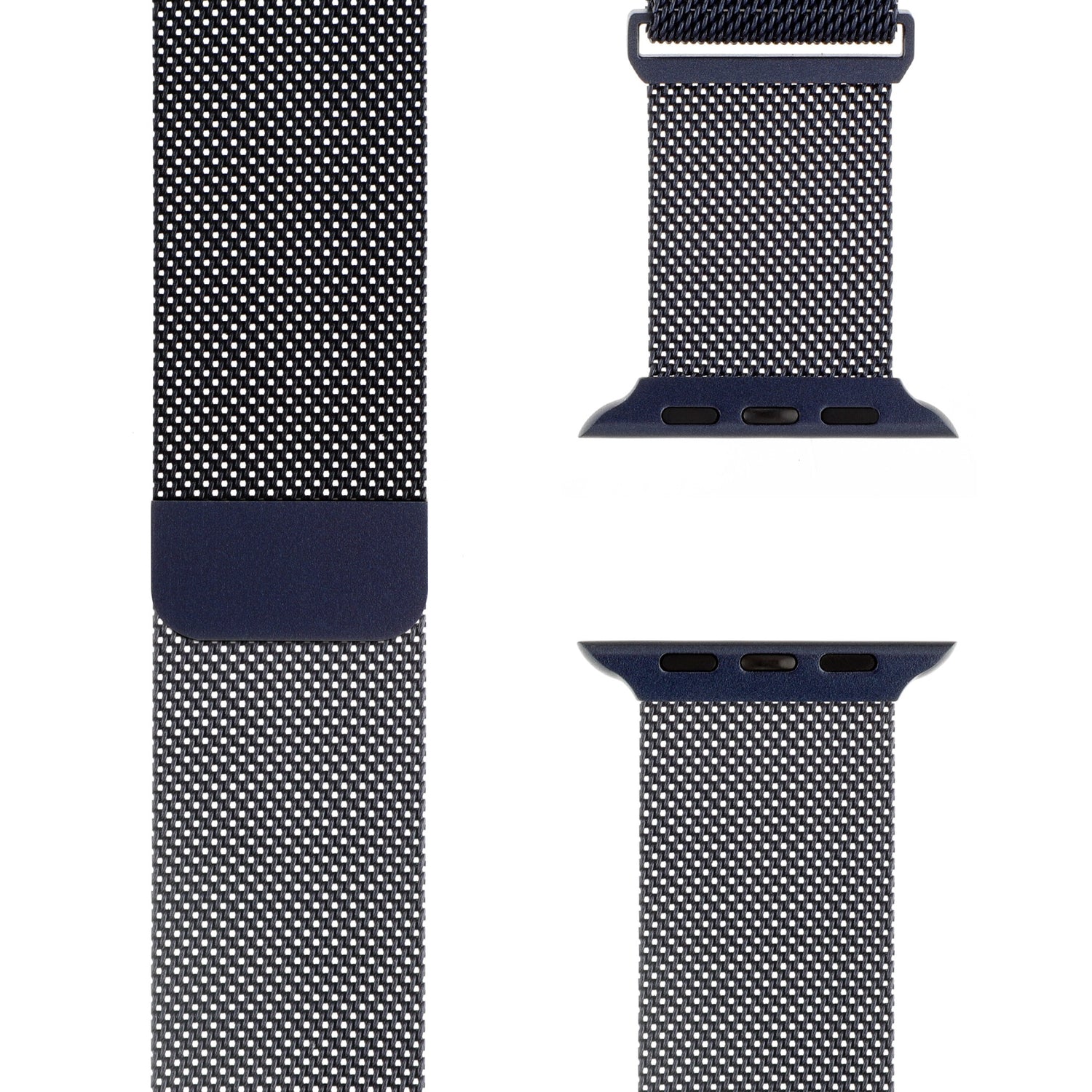 Nahaufnahmen des arktisband Apple Watch Milanaise Loop Armbands von arktisband mit dunklem gewebtem Edelstahldesign und Metallverbindern, von vorne und von der Seite vor einem weißen Hintergrund gezeigt.
