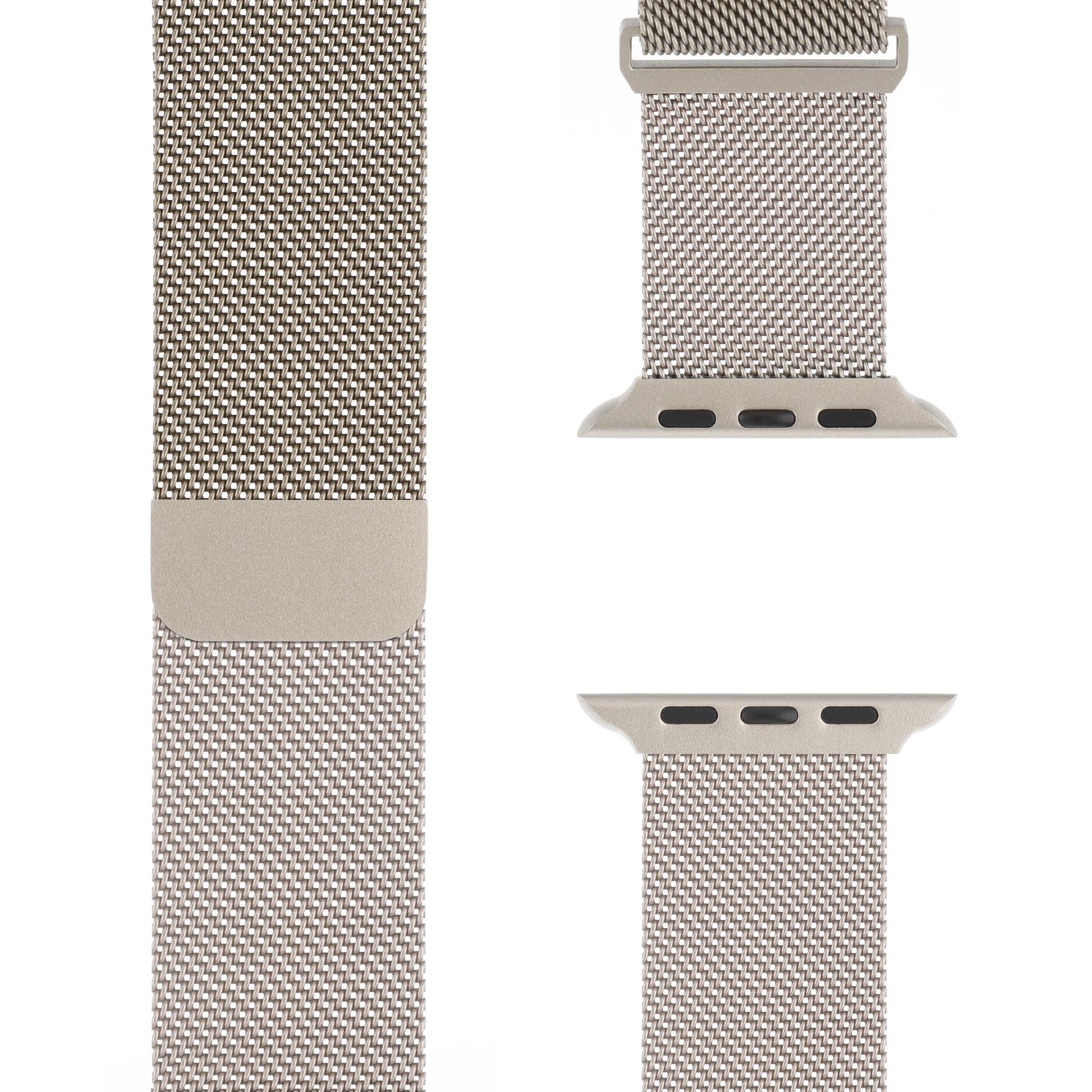 Nahaufnahme des arktisband Apple Watch Milanaise Loop Armbands in Silber mit Magnetverschluss. Das Bild zeigt die Textur und die Befestigungspunkte dieses Edelstahlarmbands aus verschiedenen Blickwinkeln.