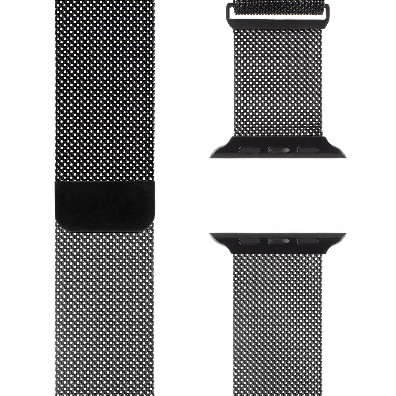 Nahaufnahmen und Detailansichten des arktisband Apple Watch Milanaise Loop Armbands aus schwarz-weißem Edelstahl mit schwarzen Anschlüssen, aus verschiedenen Winkeln auf weißem Hintergrund dargestellt.