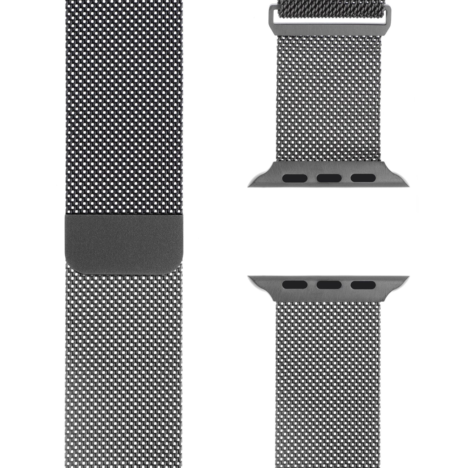 Drei Ansichten des arktisband Apple Watch Milanaise Loop Armbands von arktisband aus schwarz-weißem Edelstahl, vertikal und in Nahaufnahme dargestellt, um die gewebte Metallstruktur und die präzisen Befestigungsenden hervorzuheben.