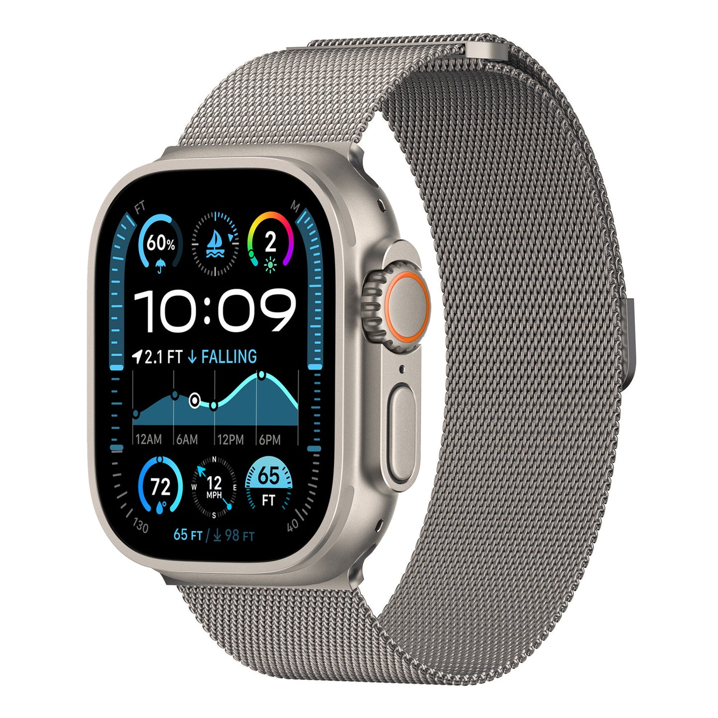 Das arktisband Apple Watch Ultra Milanaise Armband verfügt über ein silbernes Band, ein abgerundetes rechteckiges Zifferblatt mit seitlichen Tasten und ein lebendiges Display, das die Uhrzeit (10:09), Gesundheitsstatistiken, Wetterinformationen und App-Symbole anzeigt.