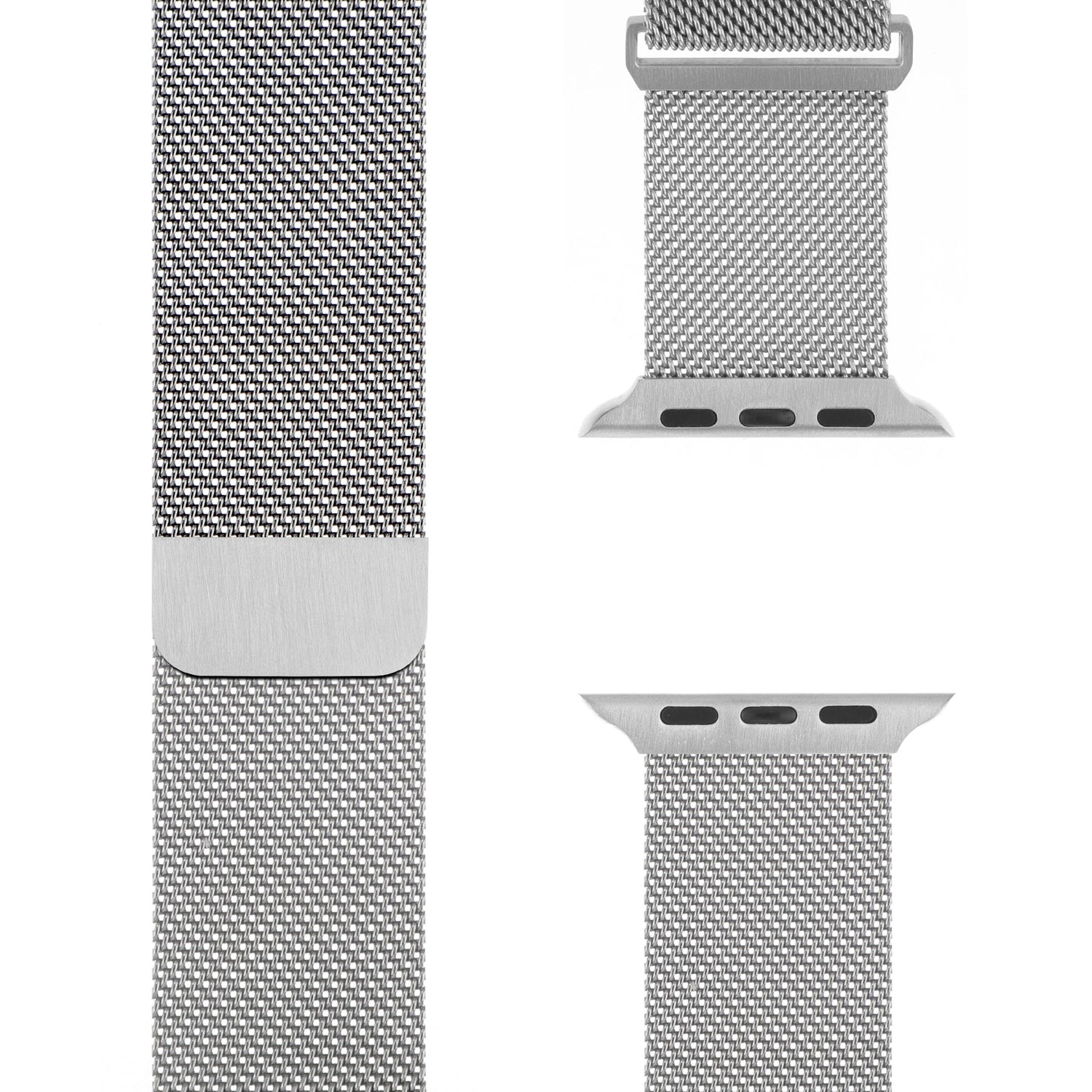 Nahaufnahme des Arktisband Apple Watch Milanaise Loop Armbands in Silber, aus drei Winkeln gezeigt, um das Netzdesign, den Verschluss und die Anschlüsse für die sichere Befestigung der Apple Watch hervorzuheben.