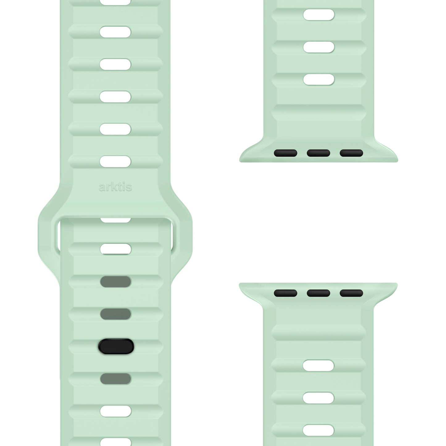 Das arktisband Apple Watch Silikonarmband „Active“ in Mintgrün wird aus verschiedenen Blickwinkeln angezeigt und zeigt seine Schnalle, Nahaufnahmen der Verbindungspunkte und mehrere Einstelllöcher für einen sportlichen Look.
