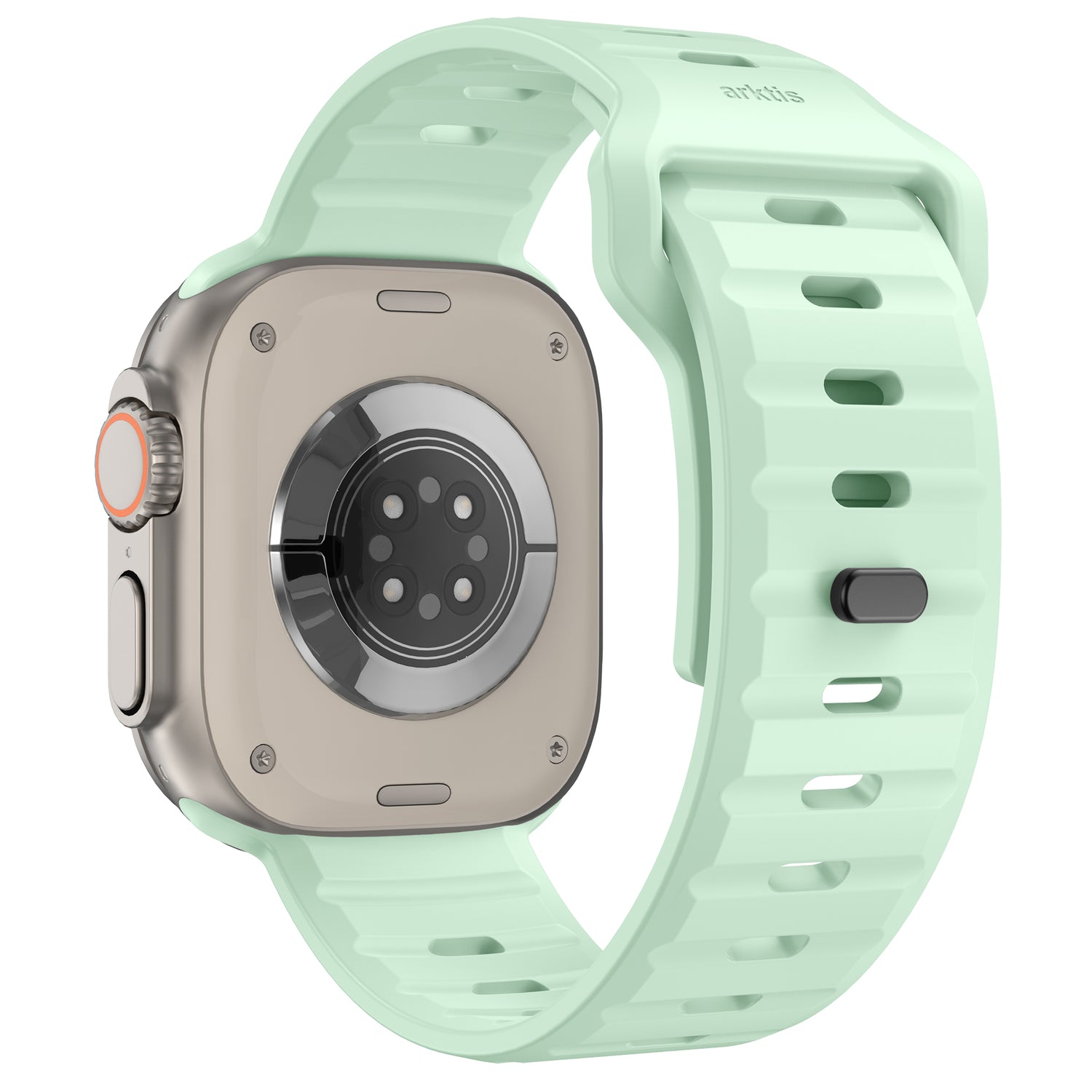 Eine Nahaufnahme der Rückseite einer Apple Watch mit dem arktisband Apple Watch Silikonarmband „Active“ in Mintgrün und einem silbernen Gehäuse, das den Sensorbereich und die Seitentasten für einen sportlichen Look hervorhebt.