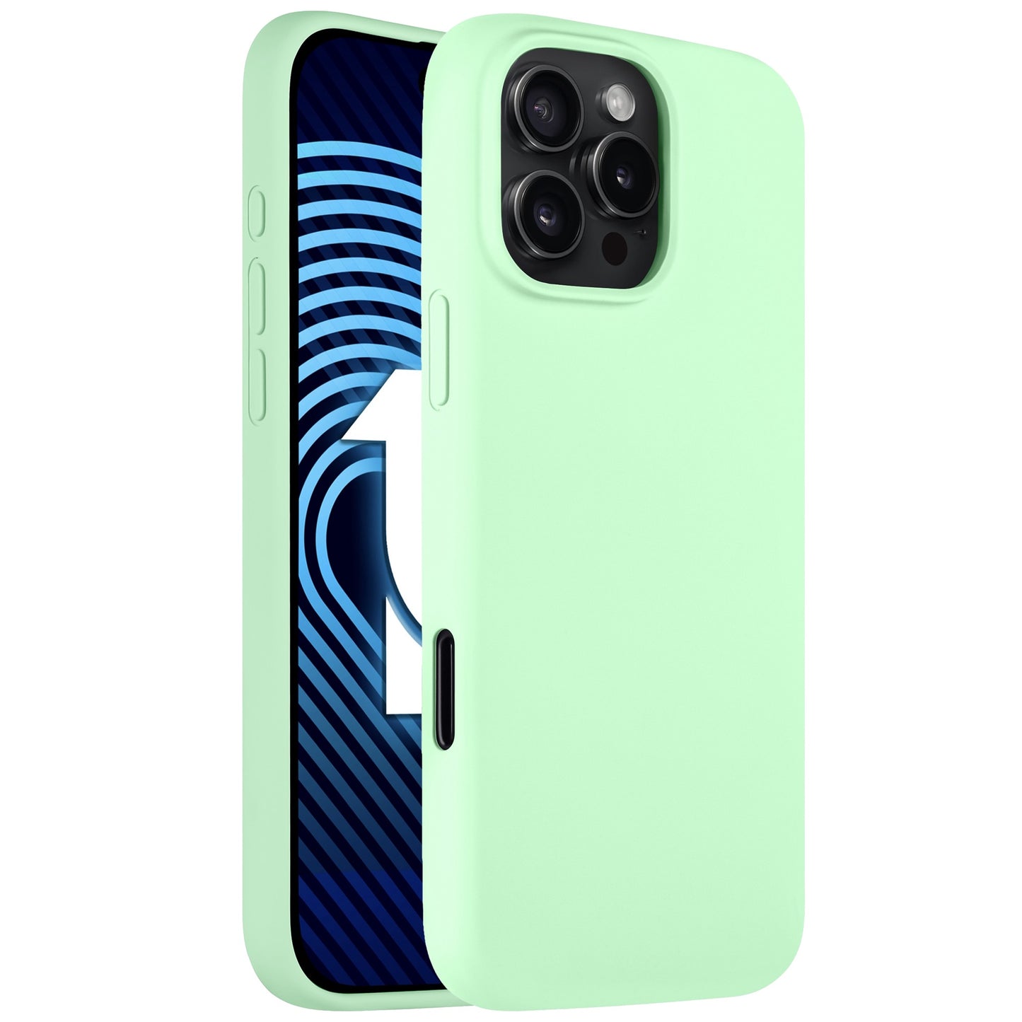 Das Arktis iPhone 16 Pro wird mit einem hellgrünen Silikon-Case von Arktis präsentiert, auf dessen Display eine blaue „1“ zu sehen ist. Das Gerät verfügt über drei Kameraobjektive auf der Rückseite und unterstützt kabelloses Laden.