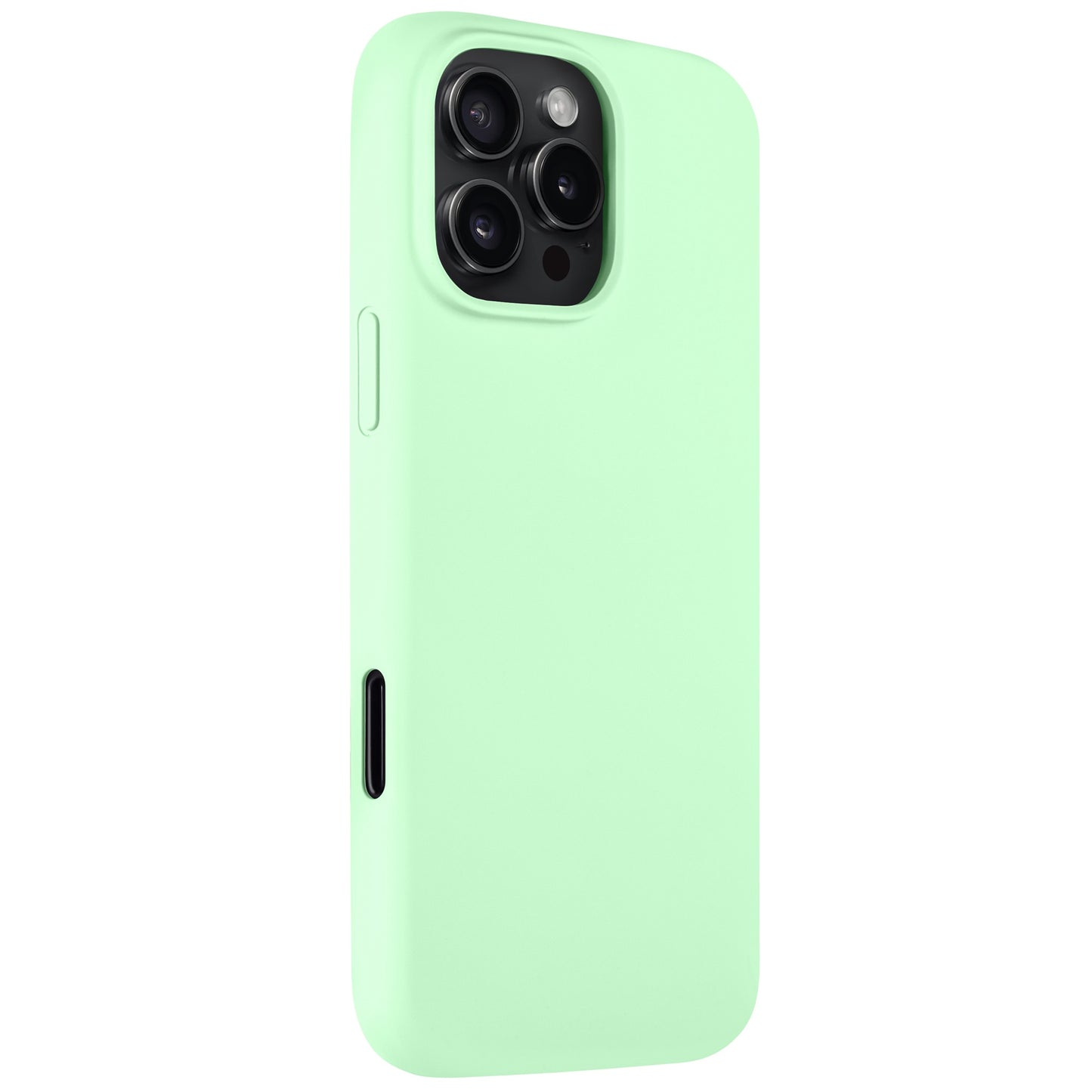 Das Arktis iPhone 16 Pro Silikon Case in Mintgrün zeigt ein Telefon mit drei Rückkameras und einem Blitz. Es bietet präzise Aussparungen für das Kameramodul und die Tasten und unterstützt kabelloses Laden.