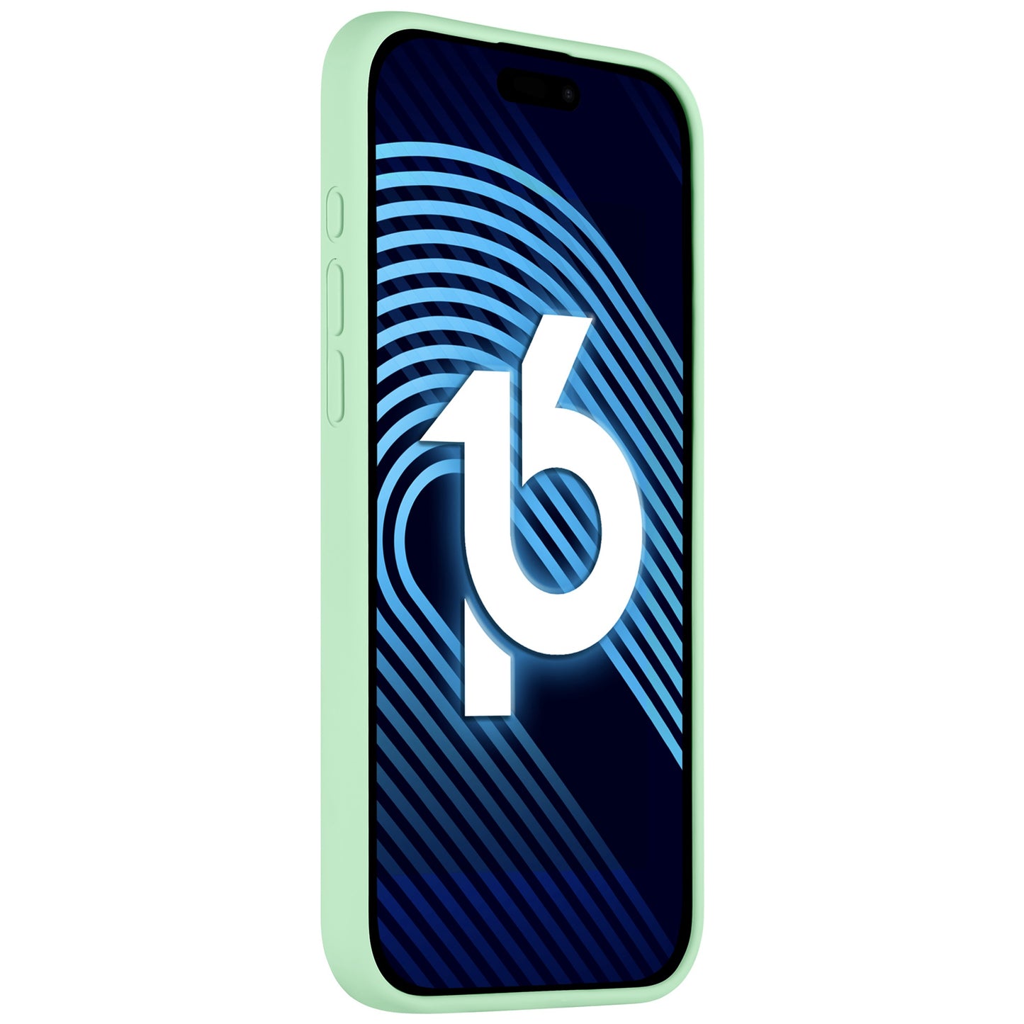 Eine Schrägansicht zeigt ein iPhone 16 Pro im Arktis iPhone 16 Pro Silikon Case von Arktis mit einer schlanken hellgrünen Hülle. Der Bildschirm zeigt einen blauen Hintergrund mit diagonalen Linien und einer großen weißen kreisförmigen „16“ in der Mitte.