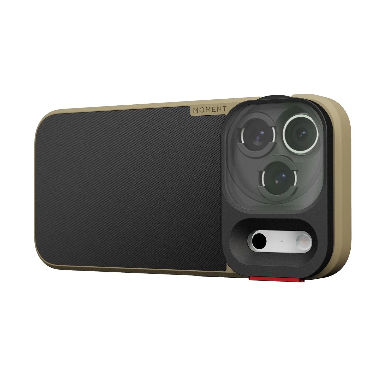 Eine schwarze und hellbraune MOMENT Kameratasche mit drei Linsen, Markenetikett auf der Oberseite, kompatibel mit dem Moment Variable ND QuickLock Filter (2-7 Stop) für iPhone 17 Pro.