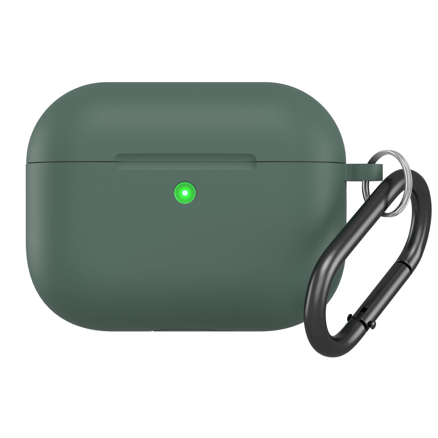 Arktis AirPods Pro 3 Silikon Case in Dunkelgrün mit grünem LED-Licht, schwarzem Karabiner und stoßfester Hülle - kompatibel mit kabellosem Laden.