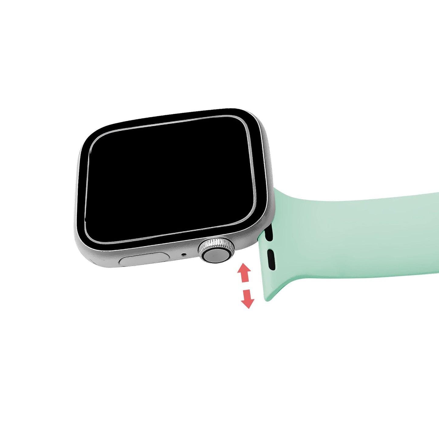 Der arktisband Apple Watch "NurseClip" von arktisband besteht aus einem mintgrünen Silikonarmband, das teilweise abgenommen ist, mit roten Pfeilen, die anzeigen, wie man das Armband abnimmt oder anbringt.