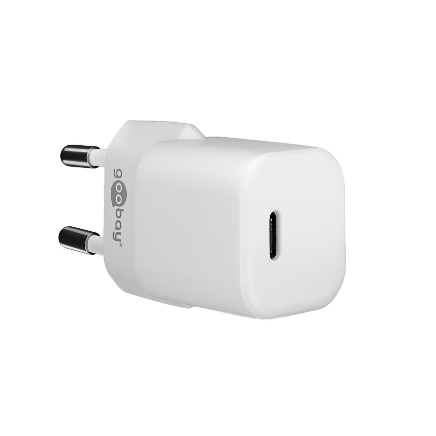 Das Goobay USB-C PD GaN Schnellladegerät Nano 20 W mit zwei runden Stiften und GaN-Technologie ermöglicht schnelles Laden über Power Delivery 3.0; abgebildet auf weißem Hintergrund mit Goobay-Branding.