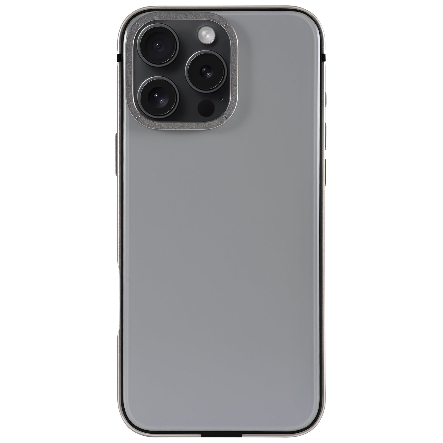 Das arktis iPhone 16 Pro Case Avantgarde von arktis präsentiert von hinten betrachtet ein silbernes Smartphone mit drei Rückkameras und Blitz und verfügt über eine Anti-Fingerabdruck-Rückplatte für ein elegantes Erscheinungsbild.