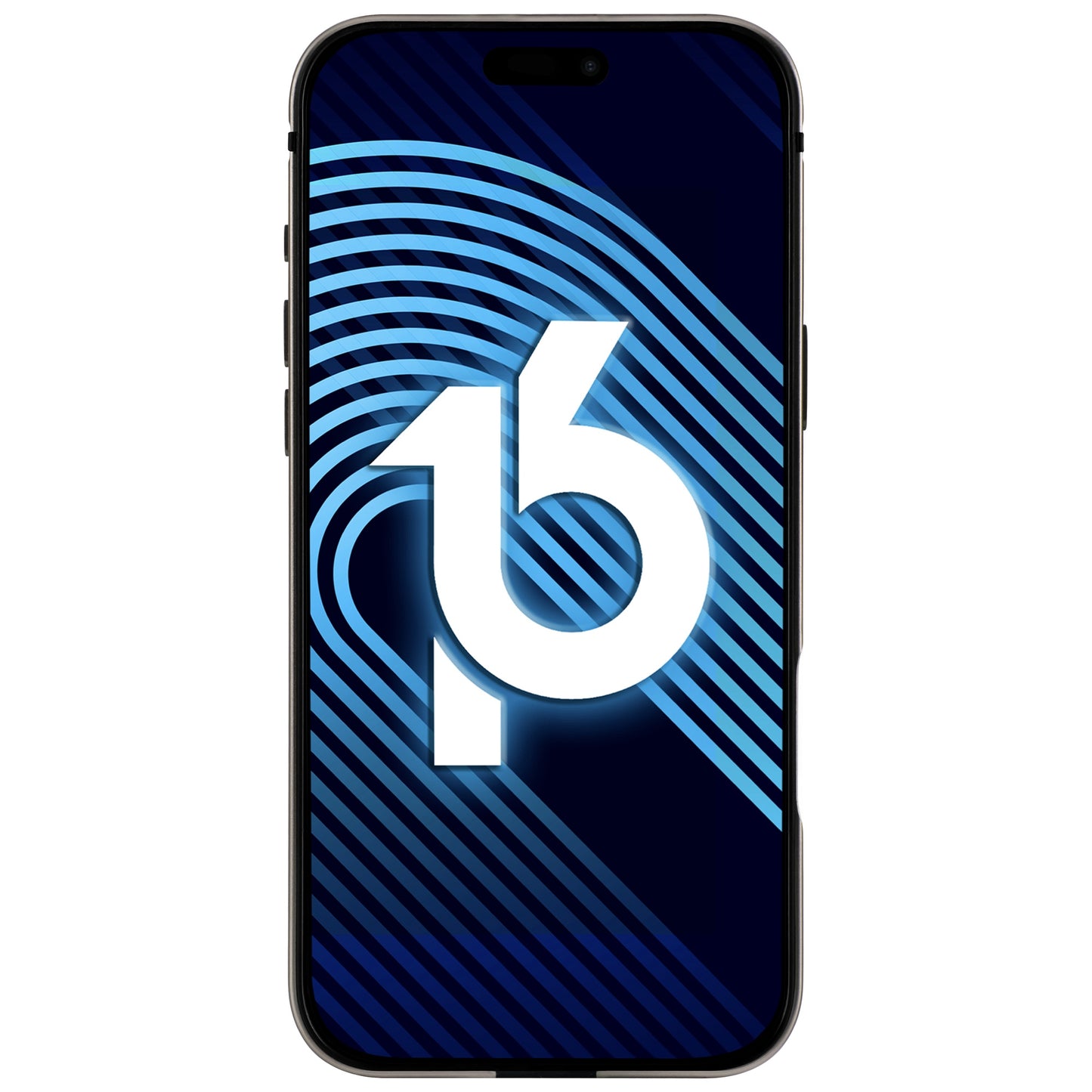 Das arktis iPhone 16 Pro Case Avantgarde von arktis wird auf einem Smartphone mit der Ziffer 16 vor einem blau gestreiften Hintergrund gezeigt und verfügt über eine Anti-Fingerabdruck-Rückplatte und einen schlanken Aluminiumrahmen.
