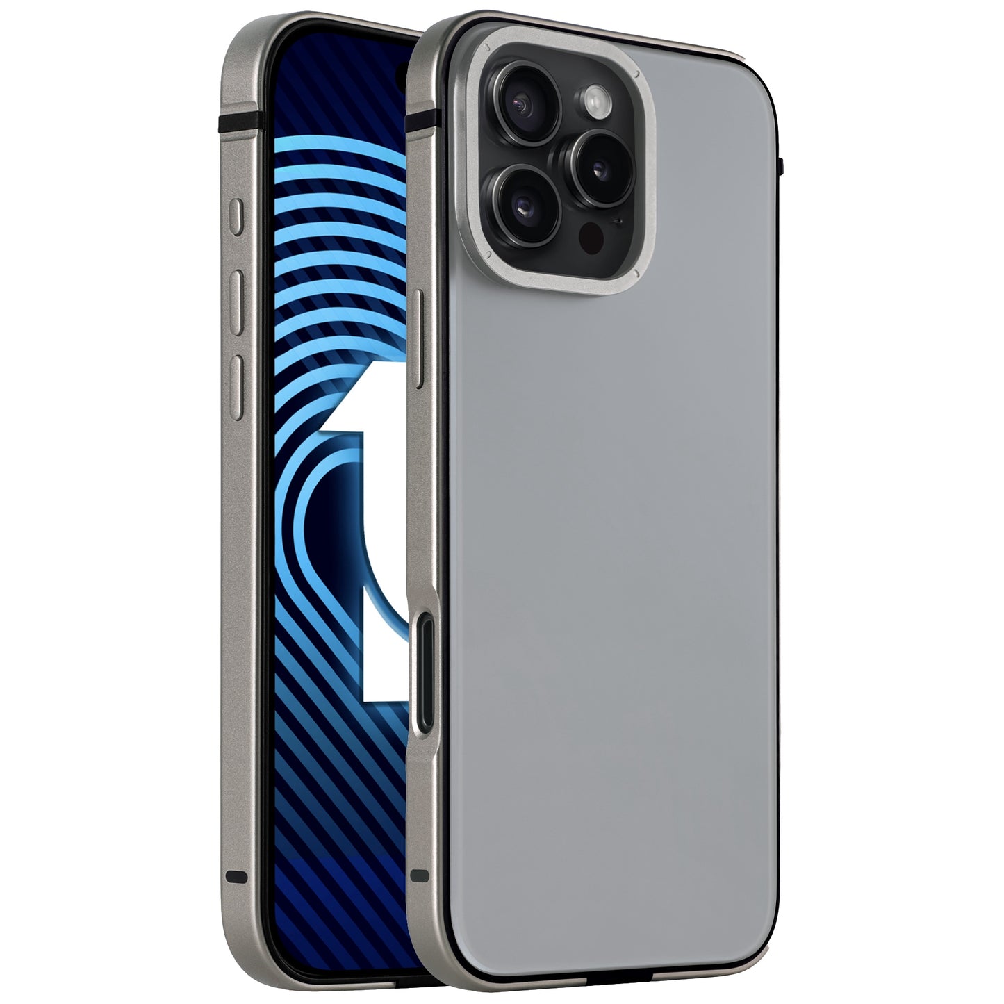 Das arktis iPhone 16 Pro Case Avantgarde von arktis verfügt über einen silbernen Aluminiumrahmen, eine Anti-Fingerabdruck-Rückplatte und zeigt auf der Vorder- und Rückseite einen blau gemusterten Bildschirm.