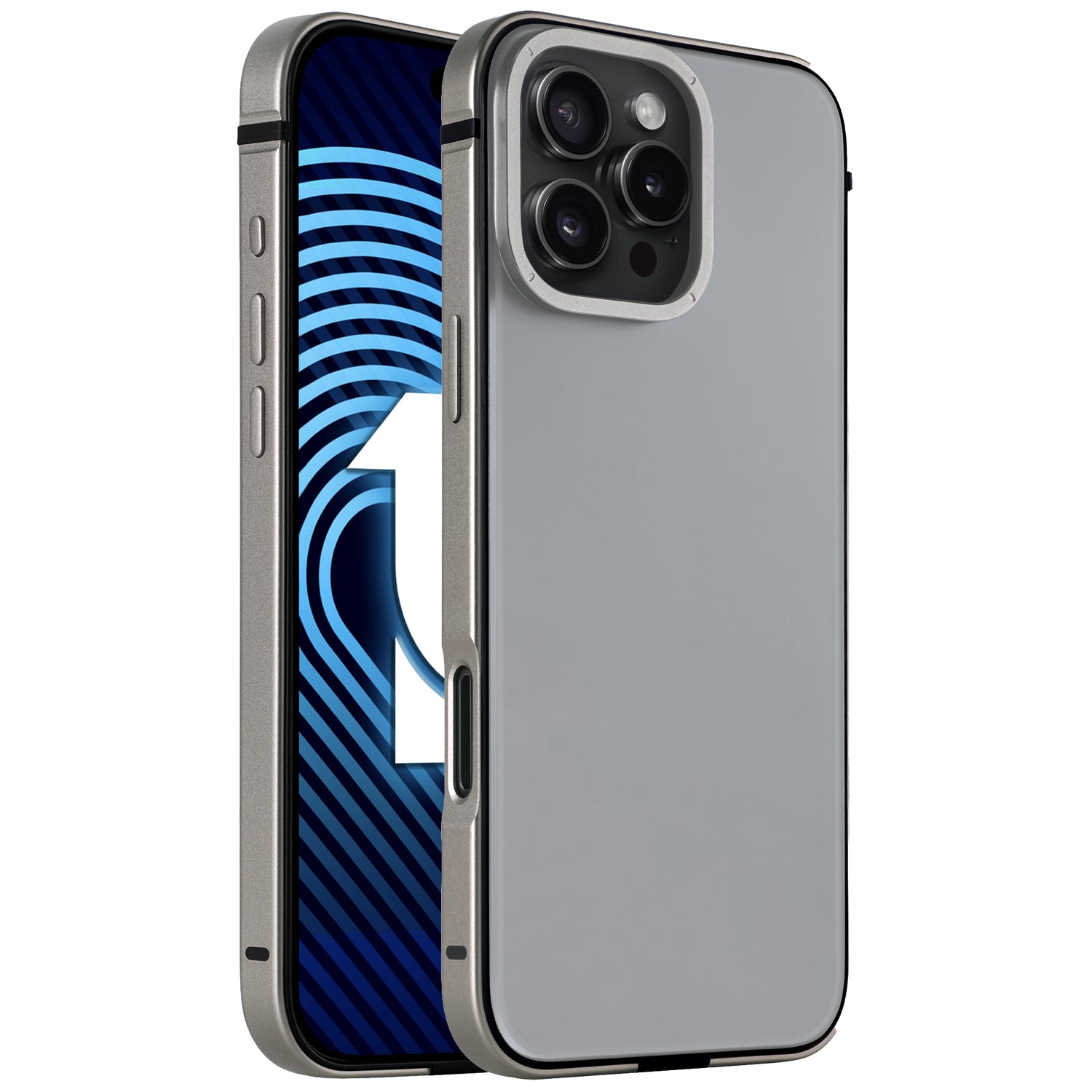 Das arktis iPhone 16 Pro Case Avantgarde von arktis verfügt über einen silbernen Aluminiumrahmen, eine Anti-Fingerabdruck-Rückplatte und zeigt auf der Vorder- und Rückseite einen blau gemusterten Bildschirm.