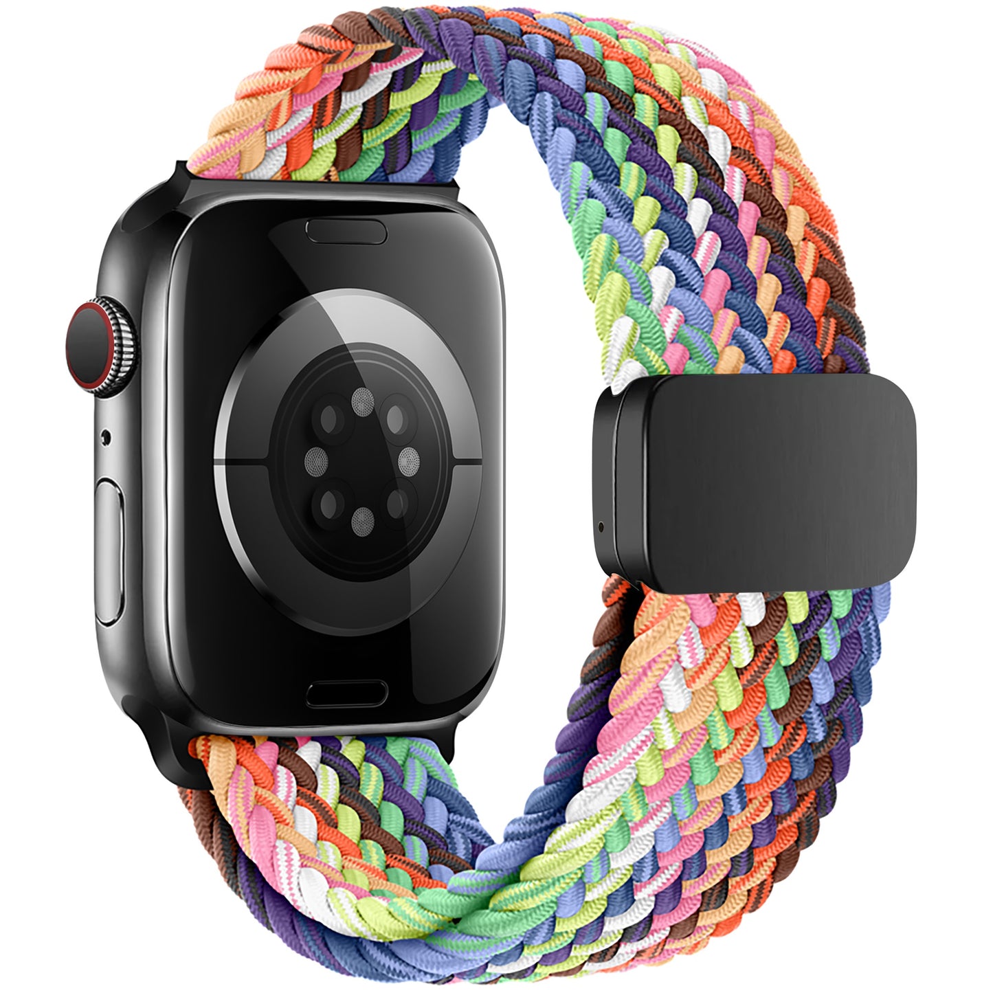 Von hinten ist eine Smartwatch mit glänzend schwarzem Gehäuse zu sehen, die mit dem arktisband Geflochtenen Apple Watch Armband „Casual“ Rainbow Edition aus Polyestergarn mit einem schwarzen rechteckigen magnetischen Metallverschluss ausgestattet ist.