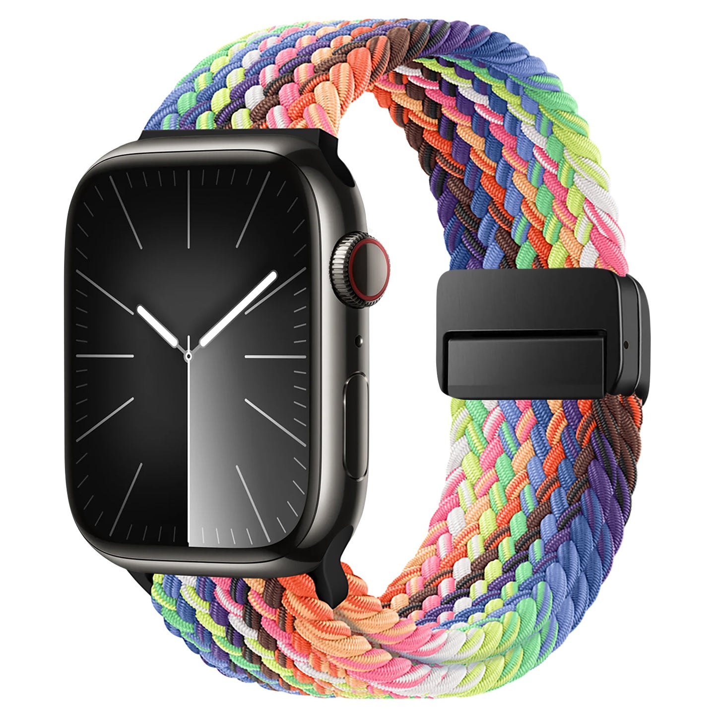 Das arktisband Geflochtene Apple Watch Armband „Casual“ Rainbow Edition kombiniert eine Smartwatch mit elegantem schwarzem Gehäuse und minimalistischem schwarzen Zifferblatt mit einem farbenfrohen geflochtenen Polyesterband und einer stilvollen rechteckigen schwarzen Schnalle.