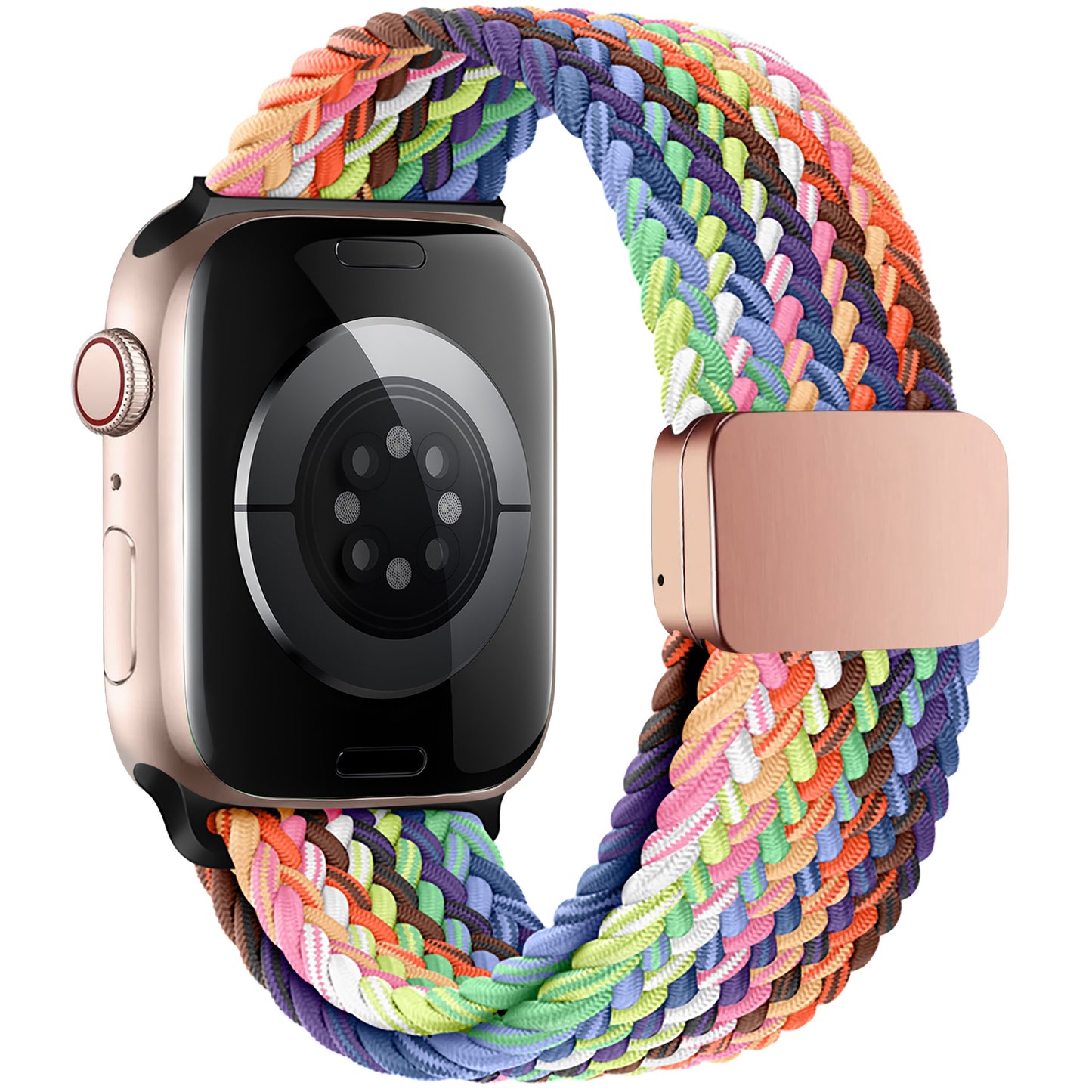 Eine goldene Smartwatch mit schwarzem Bildschirm und Rücksensor gepaart mit dem arktisband Geflochtenes Apple Watch Armband „Casual“ Rainbow Edition, aus buntem geflochtenem Polyester in Lila, Pink, Blau, Grün, Orange und Gelb.