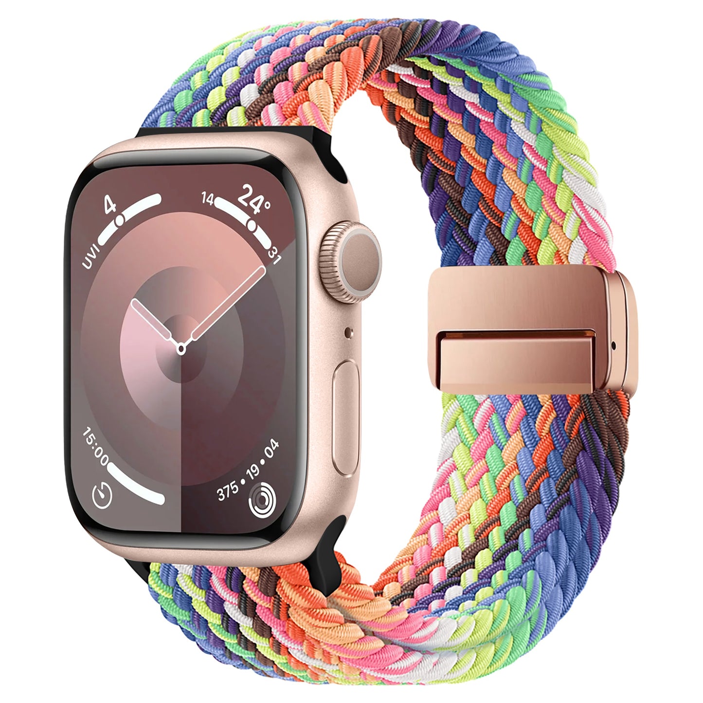 Das arktisband Geflochtene Apple Watch Armband „Casual“ Rainbow Edition verfügt über eine mehrfarbige, geflochtene Polyester-Soloschlaufe in Grün, Lila, Orange, Blau und Gelb auf einer goldenen Smartwatch mit rundem Display, das Uhrzeit und Wetter anzeigt.