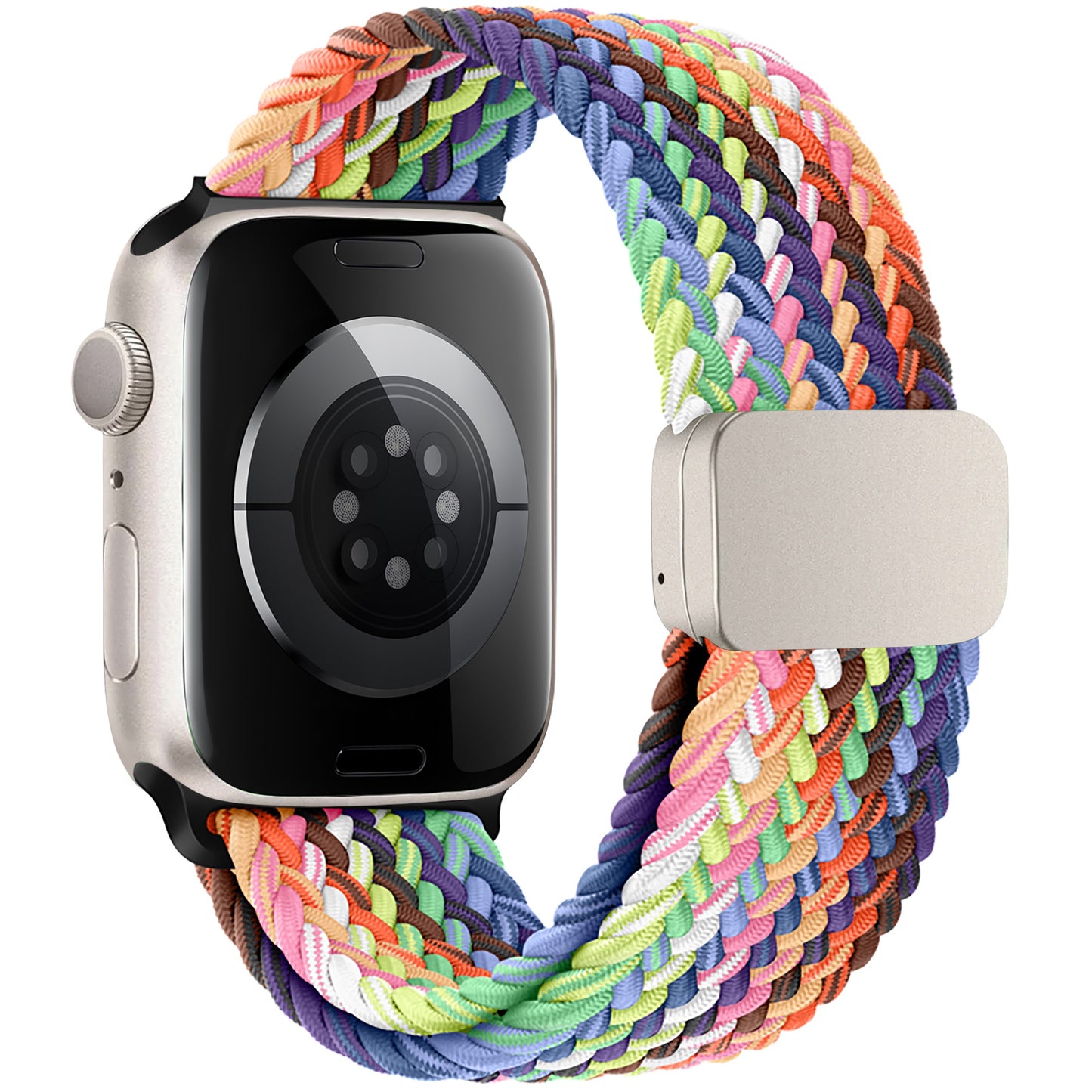 Das arktisband Geflochtene Apple Watch Armband "Casual" Rainbow Edition besteht aus einem geflochtenen, farbenfrohen Polyesterband in Orange, Grün, Lila, Blau und Pink. Es ist auf einem silbernen Gehäuse von hinten abgebildet, um die Uhrsensoren hervorzuheben. Ideales Apple Watch Armband von arktisband.