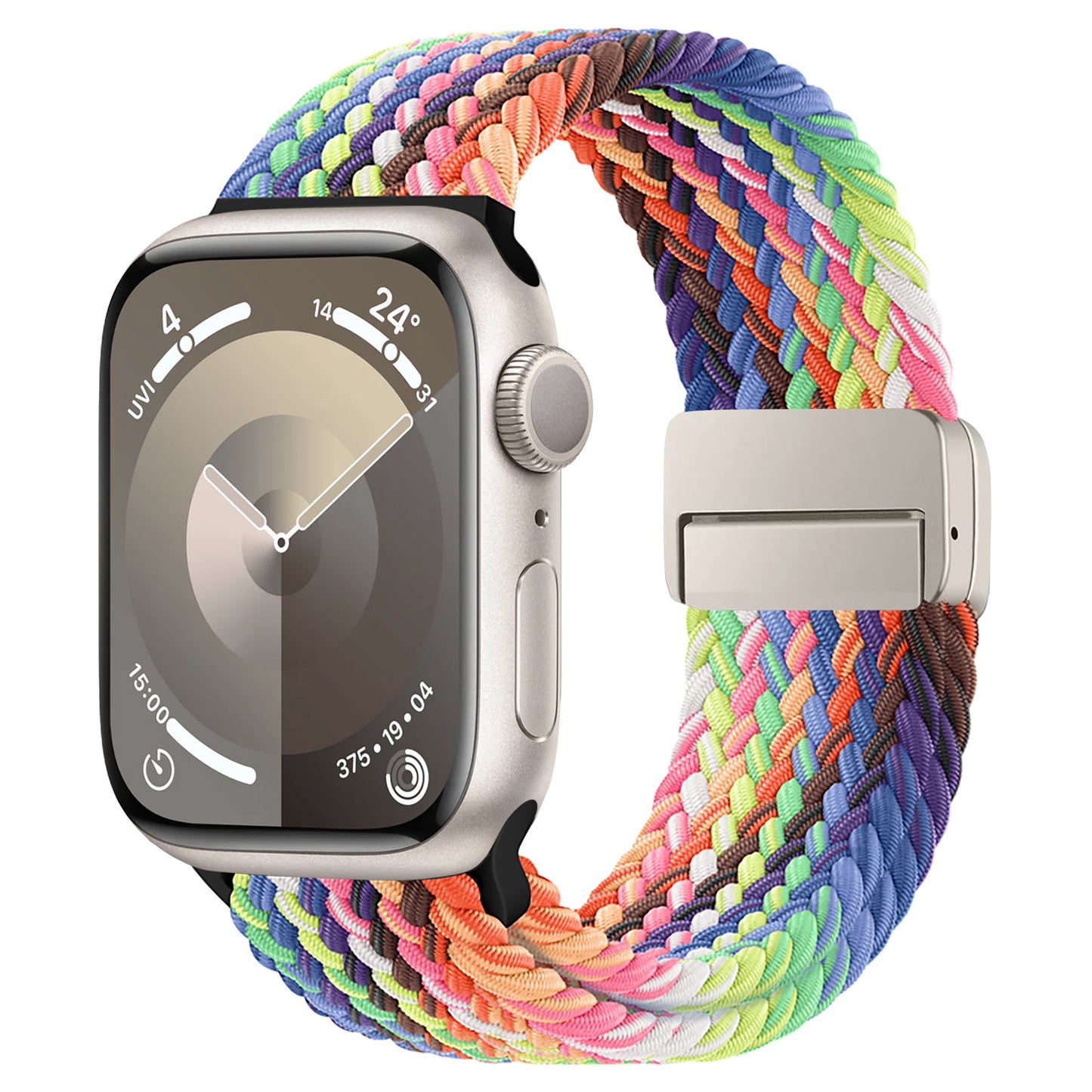 Das arktisband Geflochtene Apple Watch Armband „Casual“ Rainbow Edition verleiht einer Smartwatch mit silbernem Gehäuse einen lebendigen Stil, während das Display Uhrzeit, Temperatur und Aktivitätsverlauf anzeigt.