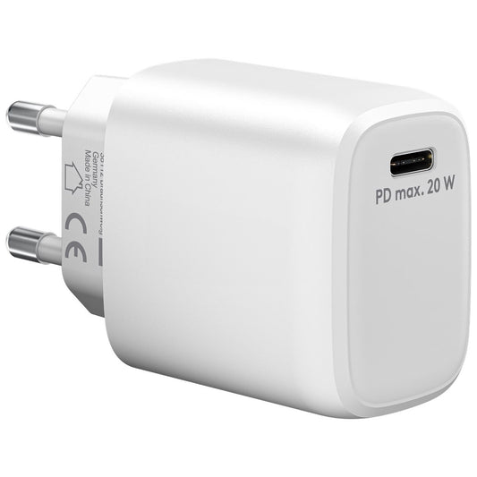 Das Goobay USB-C Netzteil 20 Watt FAST CHARGE 2.0 PD GaN ist ein weißes Wandladegerät mit europäischem Stecker, das Power Delivery-Schnellladen mit bis zu 20 W unterstützt, wie auf der Vorderseite angegeben.