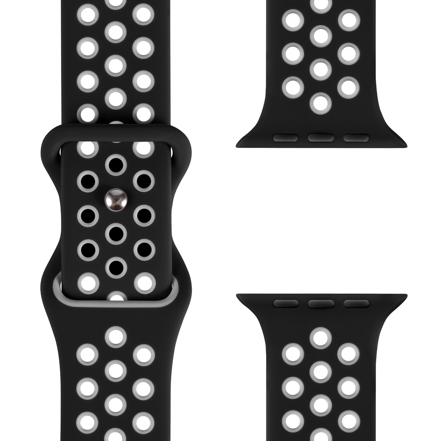 Das arktisband Apple Watch Silikonarmband „Energy“ in Schwarz mit regelmäßig verteilten weißen Löchern wird aus drei Perspektiven gezeigt und präsentiert die Dornschließe sowie beide Enden – kompatibel mit Apple Watch.