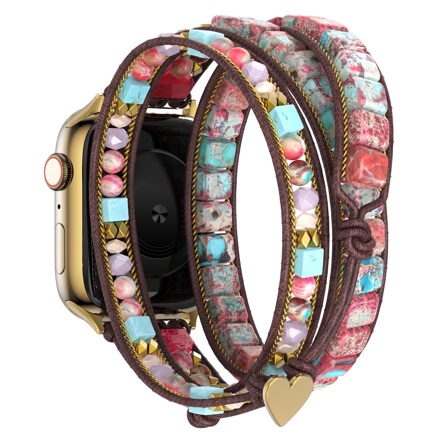 Das arktisband Apple Watch Armband "Dream Catcher" bietet ein farbenfrohes, perlenbesetztes Multi-Wrap-Band in Pink, Türkis und Gold mit einem Herzanhänger für einen schicken Boho-Look. Edelstahladapter Armband enthalten für einfache Passform und Stil.