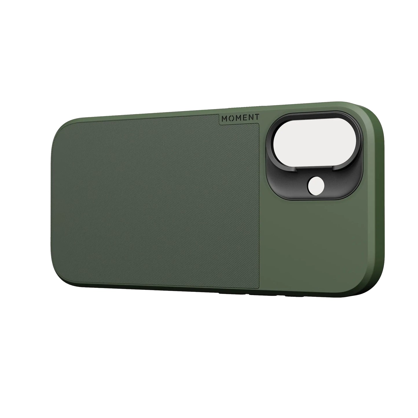 Die MOMENT iPhone 17 Kameratasche MagSafe in Dunkelgrün verfügt über eine strukturierte Oberfläche und einen großen Kameraausschnitt oben rechts, um die Kamerafunktionen des iPhone zu verbessern.