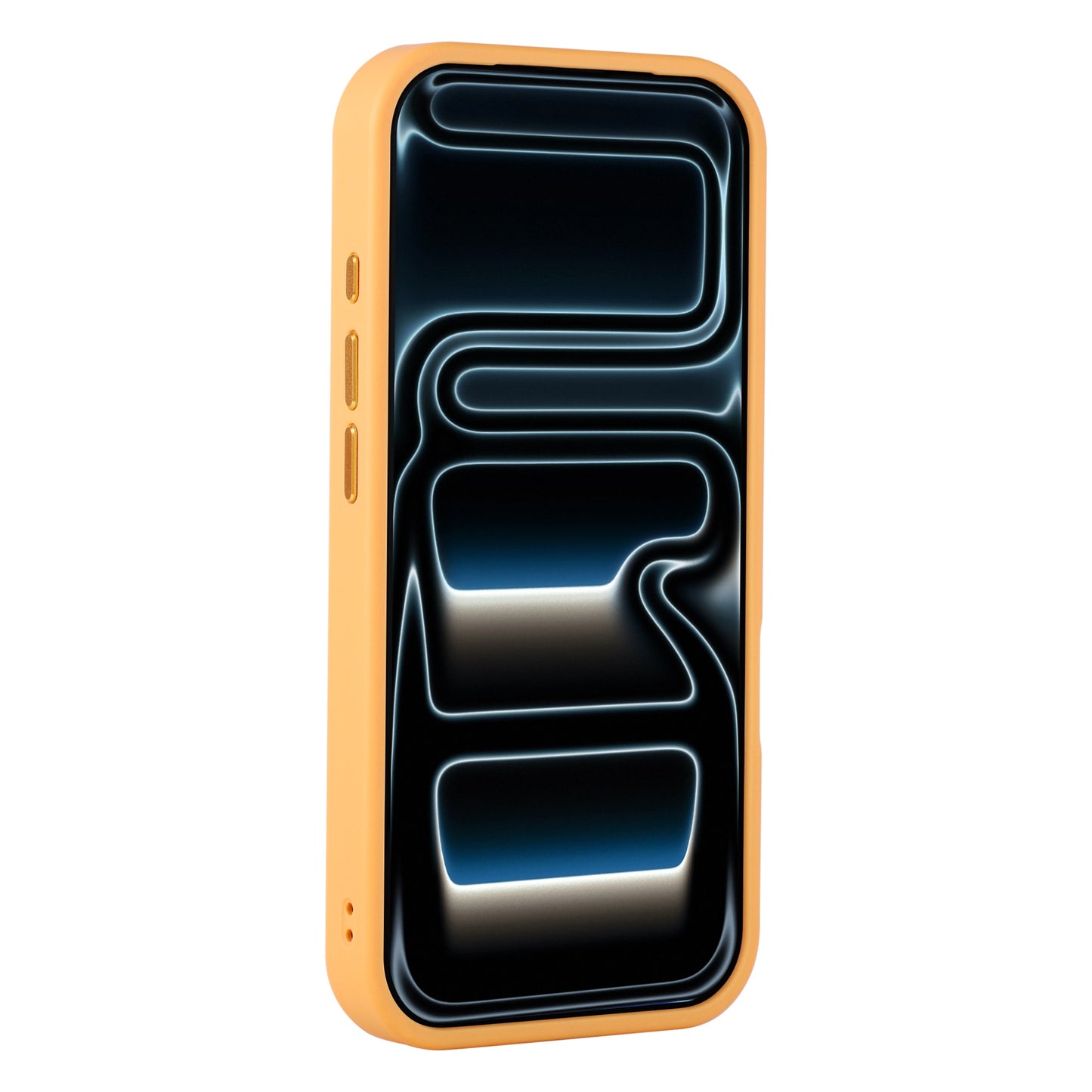 Ein iPhone mit einem Arktis iPhone 17 Pro Solid Case in mattem Gelb und einem abstrakten blau-weiß leuchtenden Muster auf dem Bildschirm.