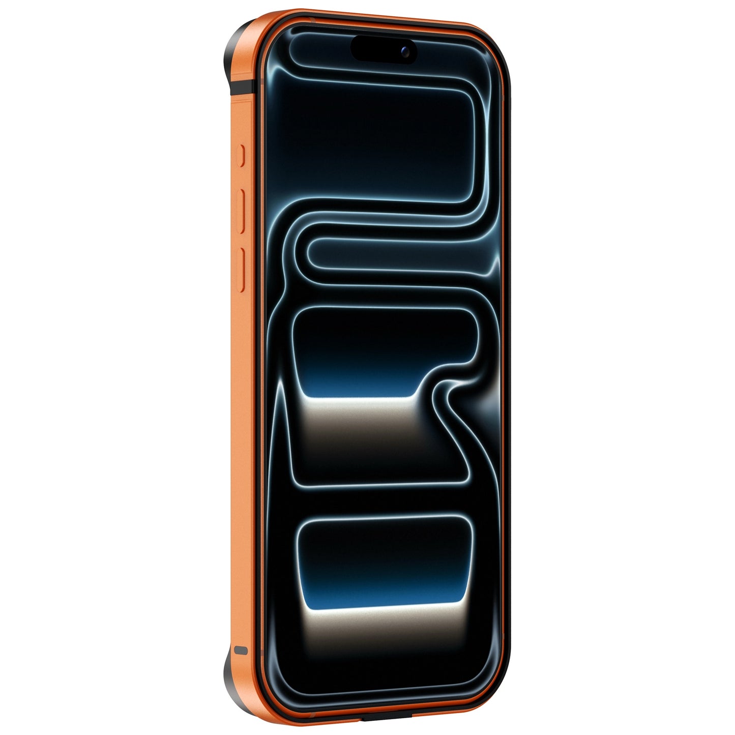 Der arktis iPhone 17 Pro Bumper von arktis verfügt über einen orangefarbenen Aluminium-TPU-Silikon-Rahmen in einem ultraleichten Bumper-Stil, der auf einem Telefondisplay mit abstrakten neonblauen und weißen Linien dargestellt ist.
