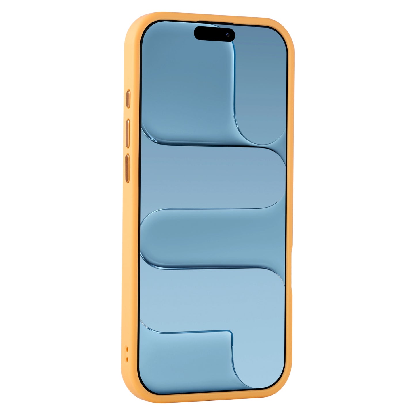 Ein Arktis iPhone Air Solid Case mit MagSafe von Arktis aus gelbem TPU-Silikon befindet sich auf einem Smartphone, das in einem Winkel mit einem blauen abstrakten Muster auf dem Bildschirm gezeigt wird.