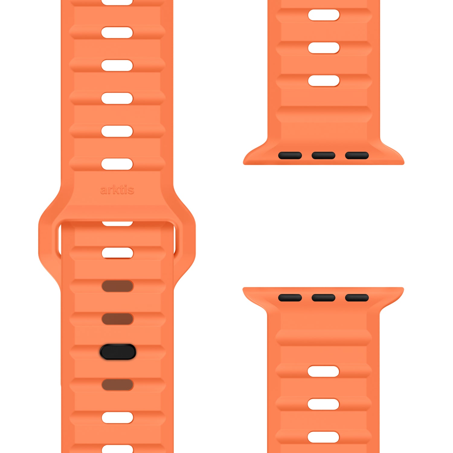 Nahaufnahme des orangefarbenen arktisband Apple Watch Silikonarmbands „Active“ von arktisband mit geriffelter Textur, rechteckigen Löchern und Anschlussenden für die Apple Watch – aus mehreren Winkeln für einen sportlichen Look gezeigt.