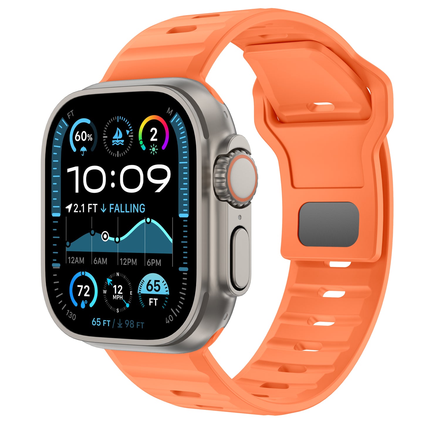 Das arktisband Apple Watch Silikonarmband „Active“ von arktisband verfügt über ein sportliches orangefarbenes Band und zeigt Uhrzeit (10:09), Herzfrequenz, Höhe und Aktivitätsringe direkt auf seinem Bildschirm an.