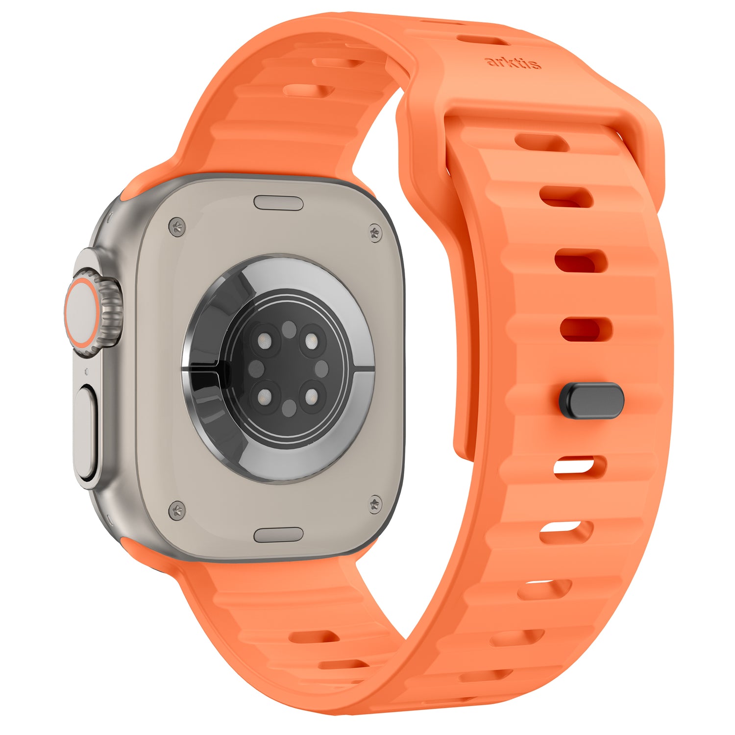 Nahaufnahme der Rückseite des arktisband Apple Watch Silikonarmbands "Active" mit silbernem Gehäuse und leuchtend orangefarbenem, atmungsaktivem Silikonarmband. Die Unterseite verfügt über Sensoren und Anschlüsse zur Gesundheitsüberwachung.