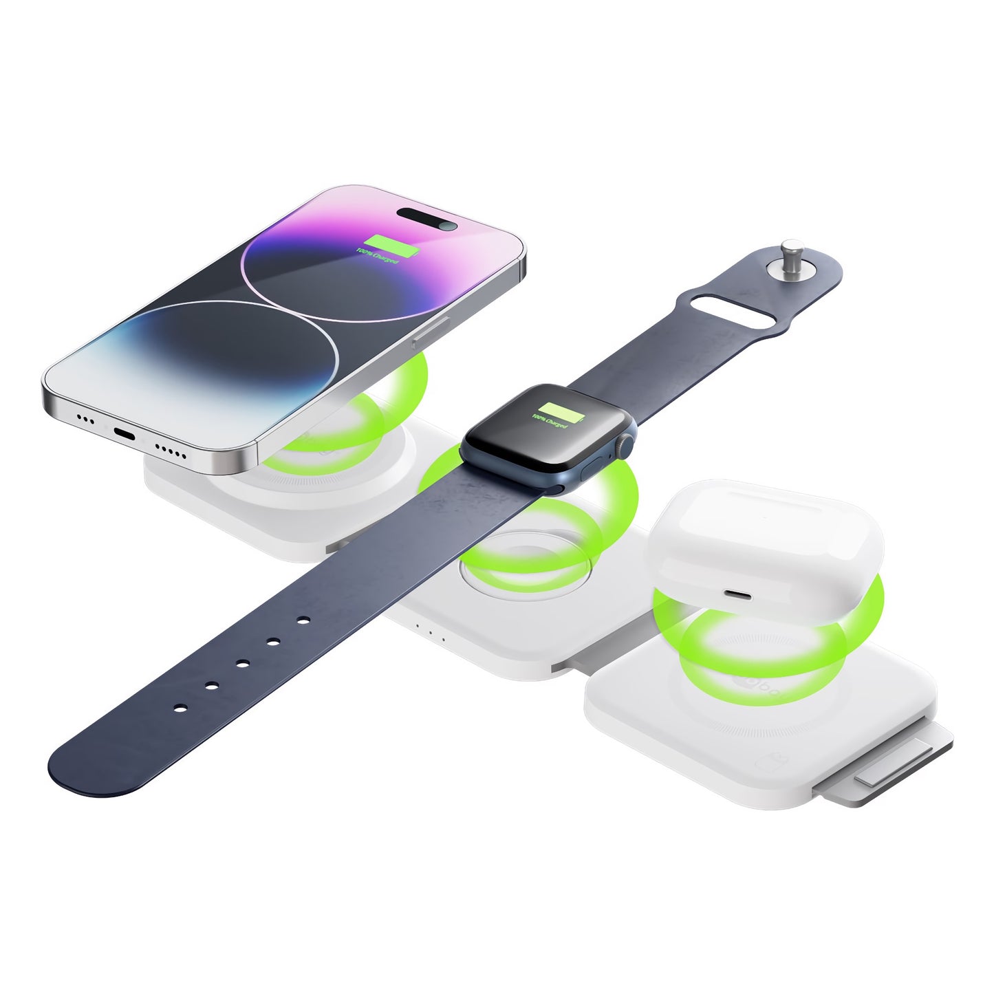 Das Goobay Kabelloses 3in1 Ladegerät lädt gleichzeitig iPhone, Apple Watch und AirPods – grüne Leuchtkreise zeigen bei allen Geräten aktives, Qi-kompatibles Laden auf der weißen Ladestation an.
