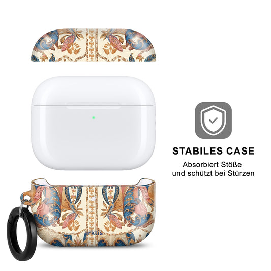 Arktis AirPods Pro 3 Hülle – Peacock Palace: Stilvolle Schutzhülle mit Blumenmuster, Schlüsselanhänger und kabelloser Ladefunktion. Sicherheitshinweise rechts.