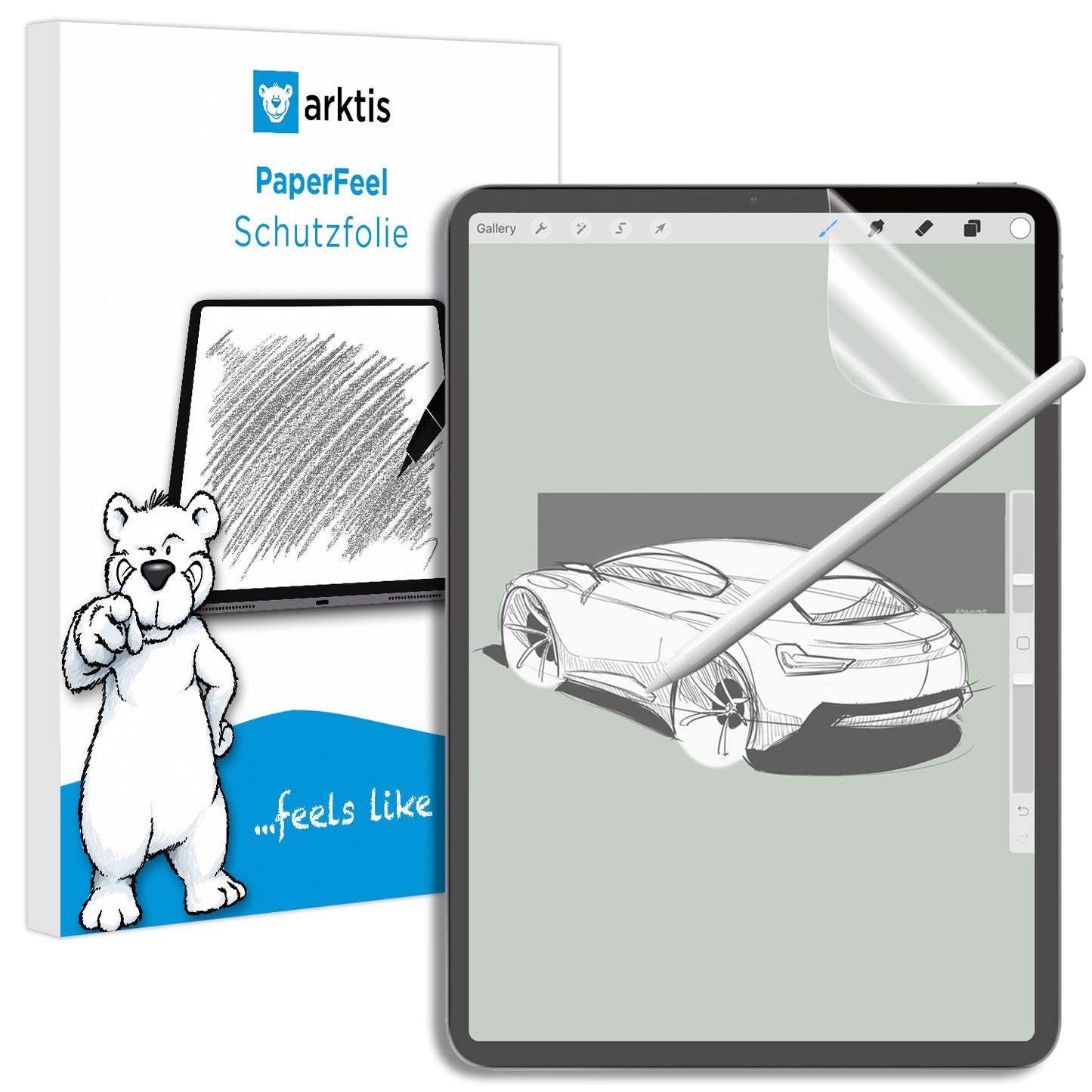 Ein Tablet mit einem Stift, der ein Auto zeichnet, liegt neben einer ArktisPRO PaperFeel iPad Air 10,9" (2022/2020) Schutzfolienbox mit dem ArktisPRO Eisbär-Maskottchen.