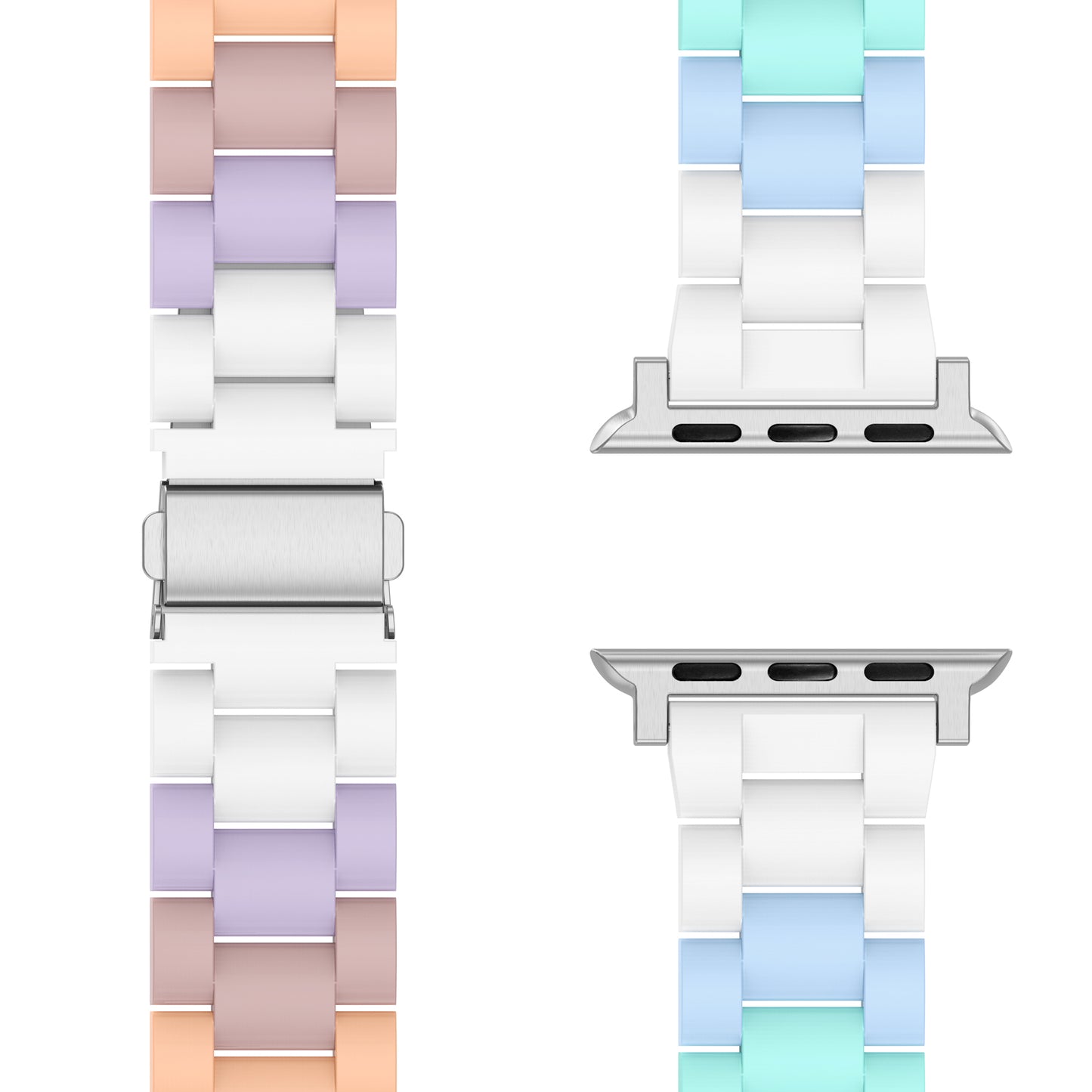 Zwei arktisband Apple Watch "Pixel Band" Armbänder, eines in Pfirsich und Lavendel und das andere in Blau und Teal, sind auf einem weißen Hintergrund abgebildet.