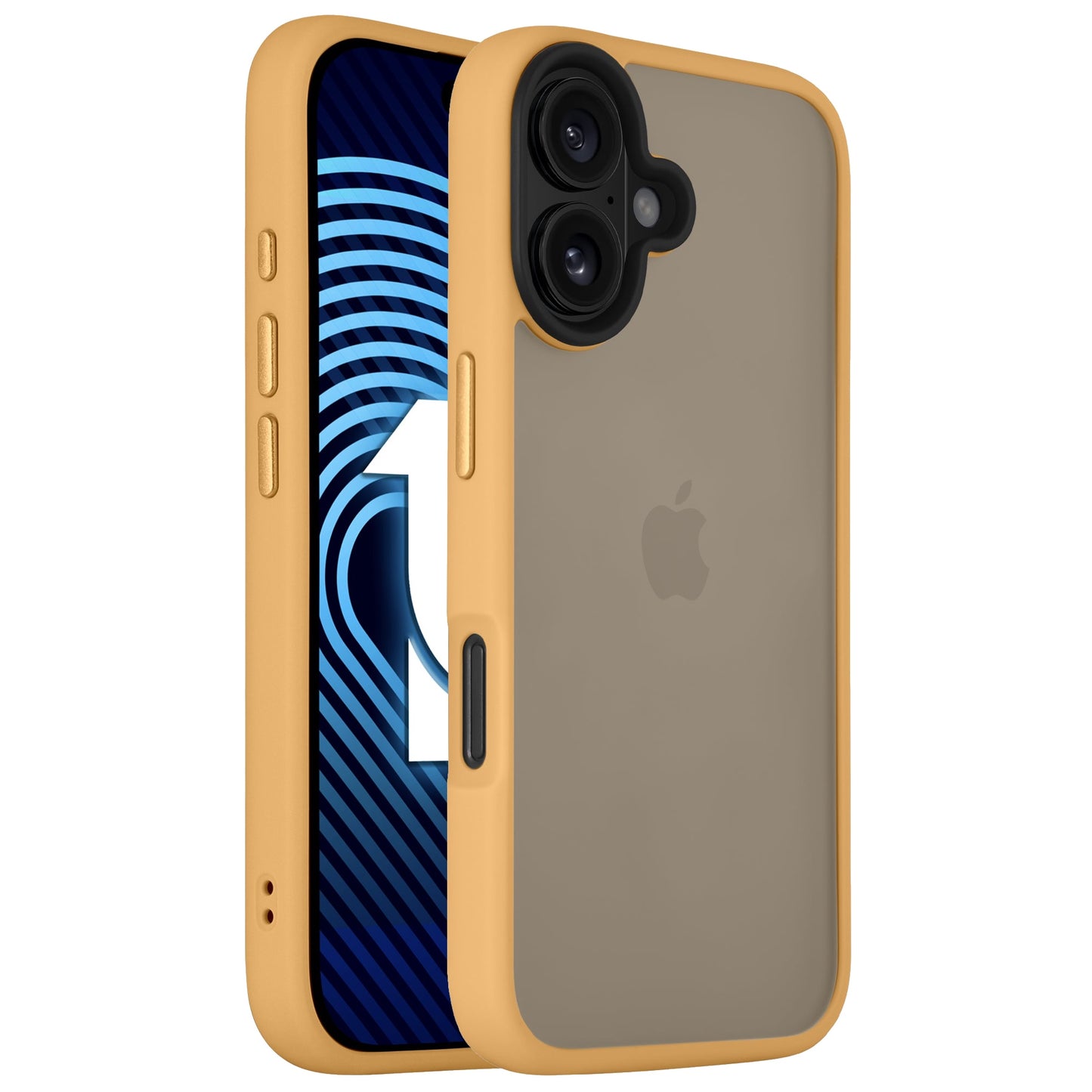 Abgebildet ist ein iPhone 16 Plus im Arktis arktis Solid Case (gelb) von Vorder- und Rückseite. Das Case besticht durch eine minimalistische, matte Optik und stoßdämpfendes TPU-Silikon. Das Display zeigt ein blau-schwarzes Muster mit einer weißen Eins.