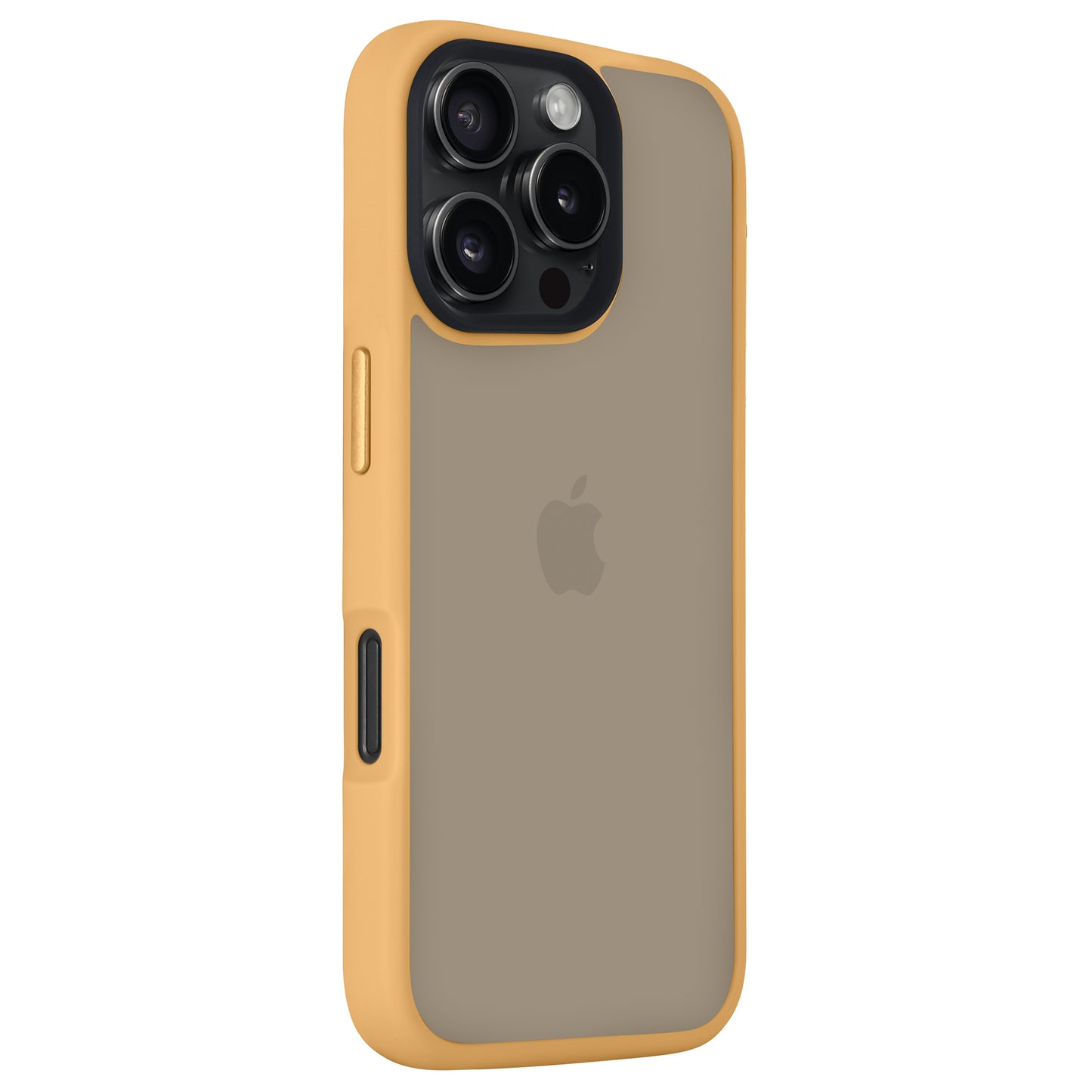Das Arktis iPhone 16 Pro Solid Case in Gelb ist auf einem Smartphone abgebildet und verfügt über stoßdämpfendes TPU-Silikon in minimalistischem Matt-Finish. In der oberen linken Ecke sind das Apple-Logo und die Dreifachkamera mit Blitz sichtbar.