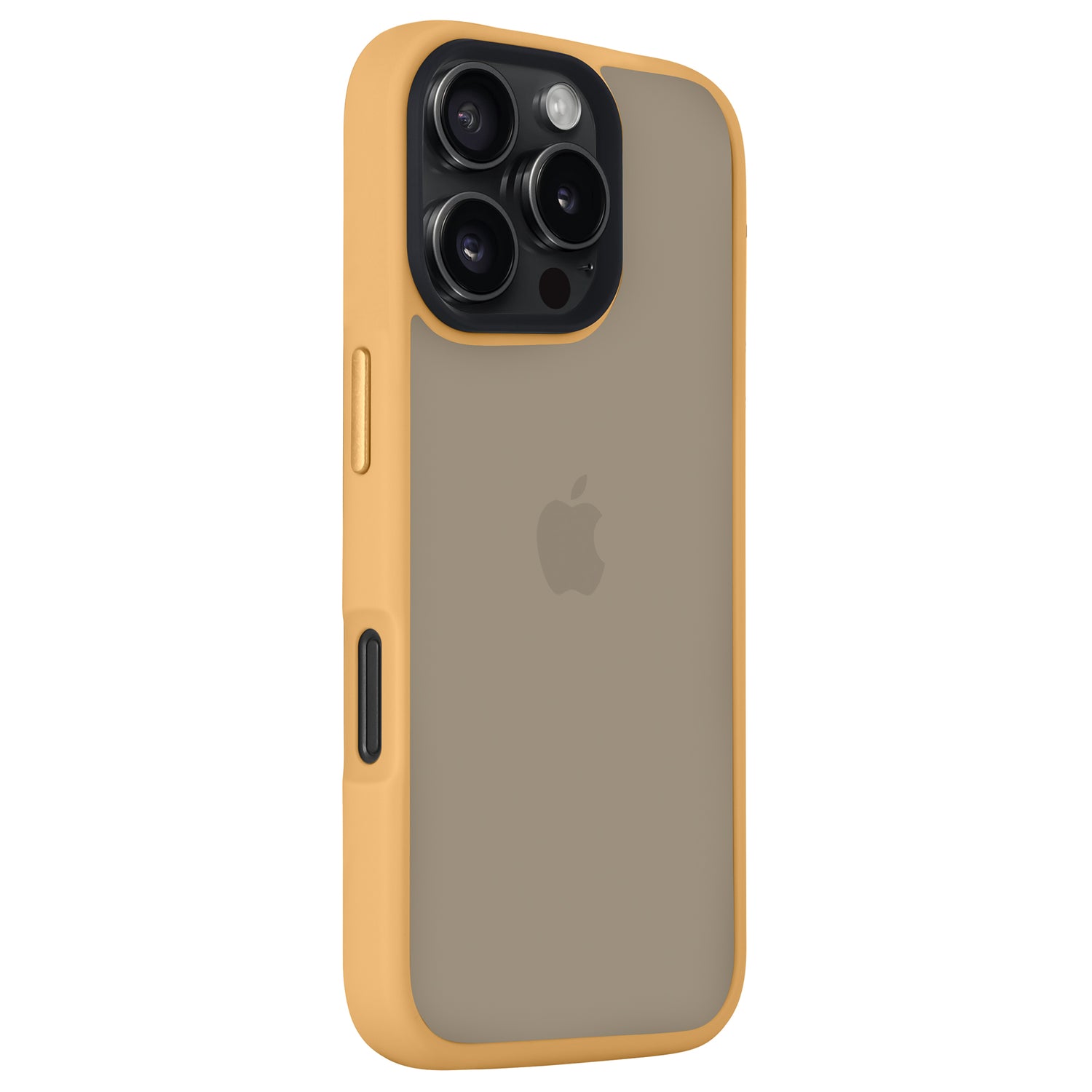 Das Arktis iPhone 16 Pro Solid Case in Gelb ist auf einem Smartphone abgebildet und verfügt über stoßdämpfendes TPU-Silikon in minimalistischem Matt-Finish. In der oberen linken Ecke sind das Apple-Logo und die Dreifachkamera mit Blitz sichtbar.