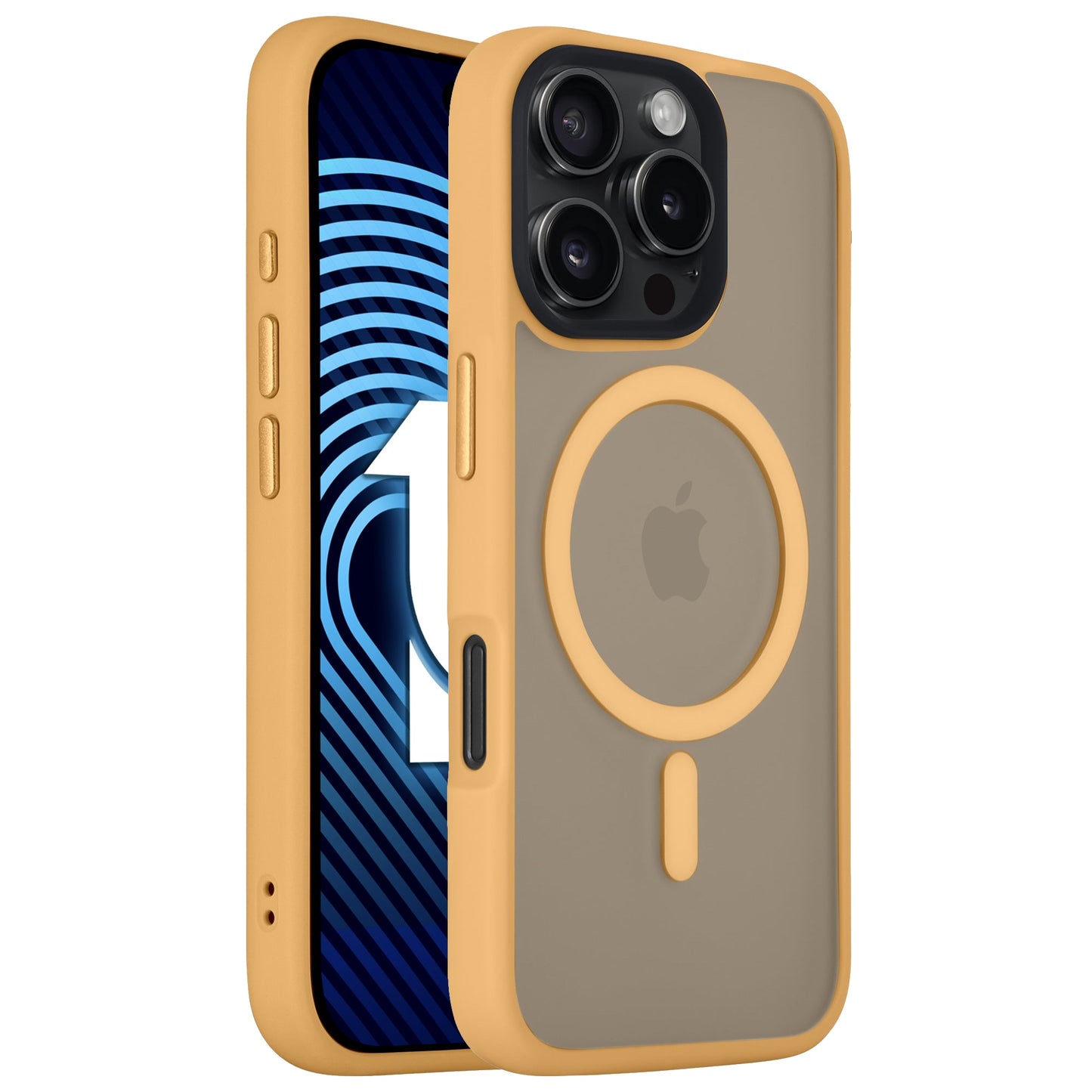 Das Arktis arktis iPhone 16 Pro Max Solid Case verfügt über einen gelben Rand, stoßdämpfendes TPU-Silikon, einen MagSafe-Ring, einen minimalistischen matten Look und ein Display mit einem blauen geometrischen Muster.