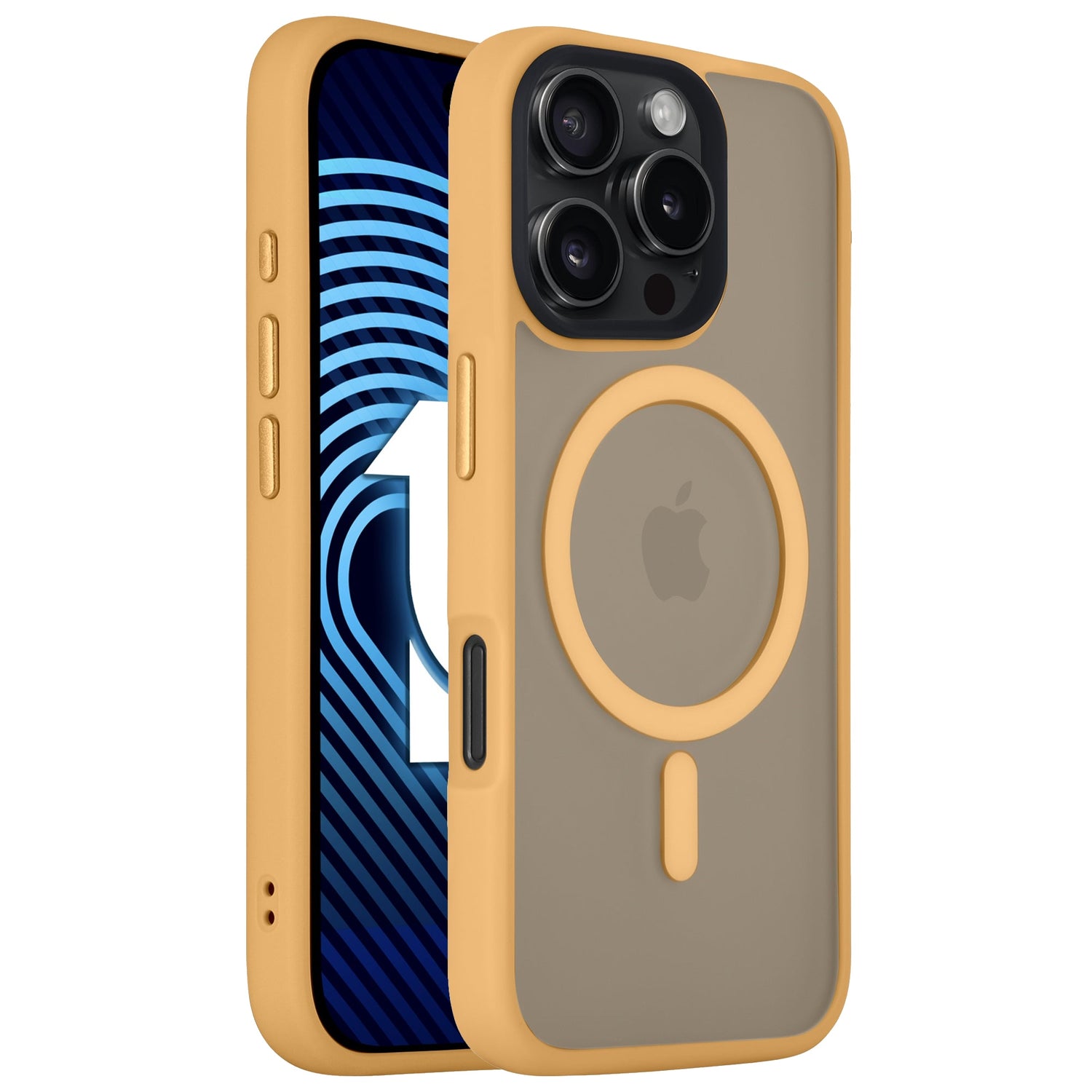 Das Arktis arktis iPhone 16 Pro Max Solid Case verfügt über einen gelben Rand, stoßdämpfendes TPU-Silikon, einen MagSafe-Ring, einen minimalistischen matten Look und ein Display mit einem blauen geometrischen Muster.