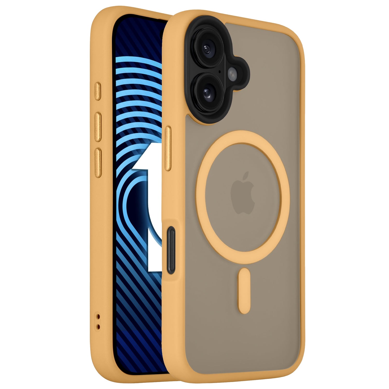 Das Arktis iPhone 16 Plus Solid Case von Arktis in Gelb und Grau mit MagSafe-Ring verfügt über stoßdämpfendes TPU-Silikon für zusätzlichen Schutz und einen minimalistischen, matten Look, der auf einem iPhone mit blau gemustertem Bildschirm angezeigt wird.