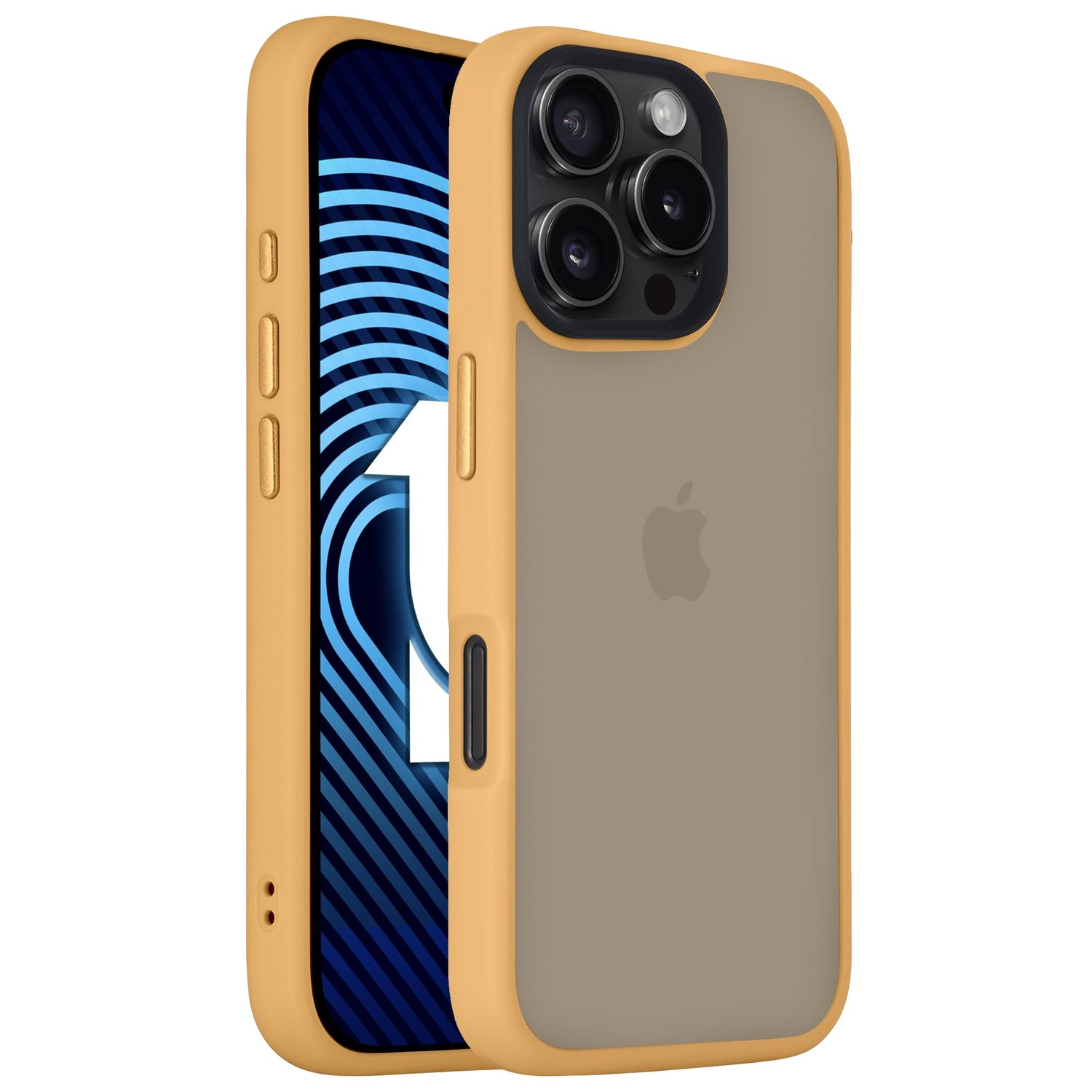 Das arktis iPhone 16 Pro Solid Case von Arktis in gelb-braunem, minimalistischem Matt-Look schützt das iPhone 16 Pro mit stoßabsorbierendem TPU-Silikon und lässt Apple-Logo sowie Triple-Kamera sichtbar, während auf dem Display ein blaues Muster zu sehen ist.